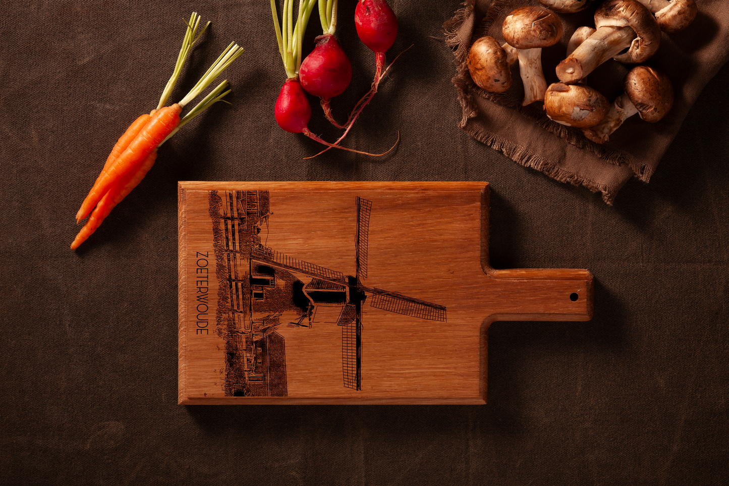 Handmade Zoeterwoude Molen Engraved Cheese Board - Beech Wood