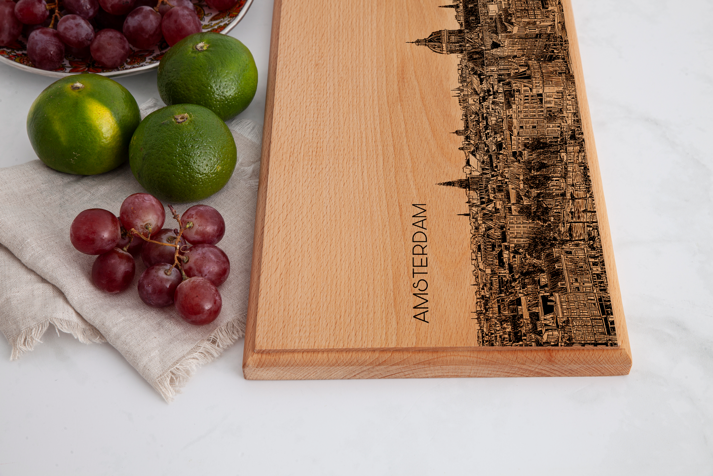 Handmade Amsterdam Skyline Engraved Serving Board - Beech Wood