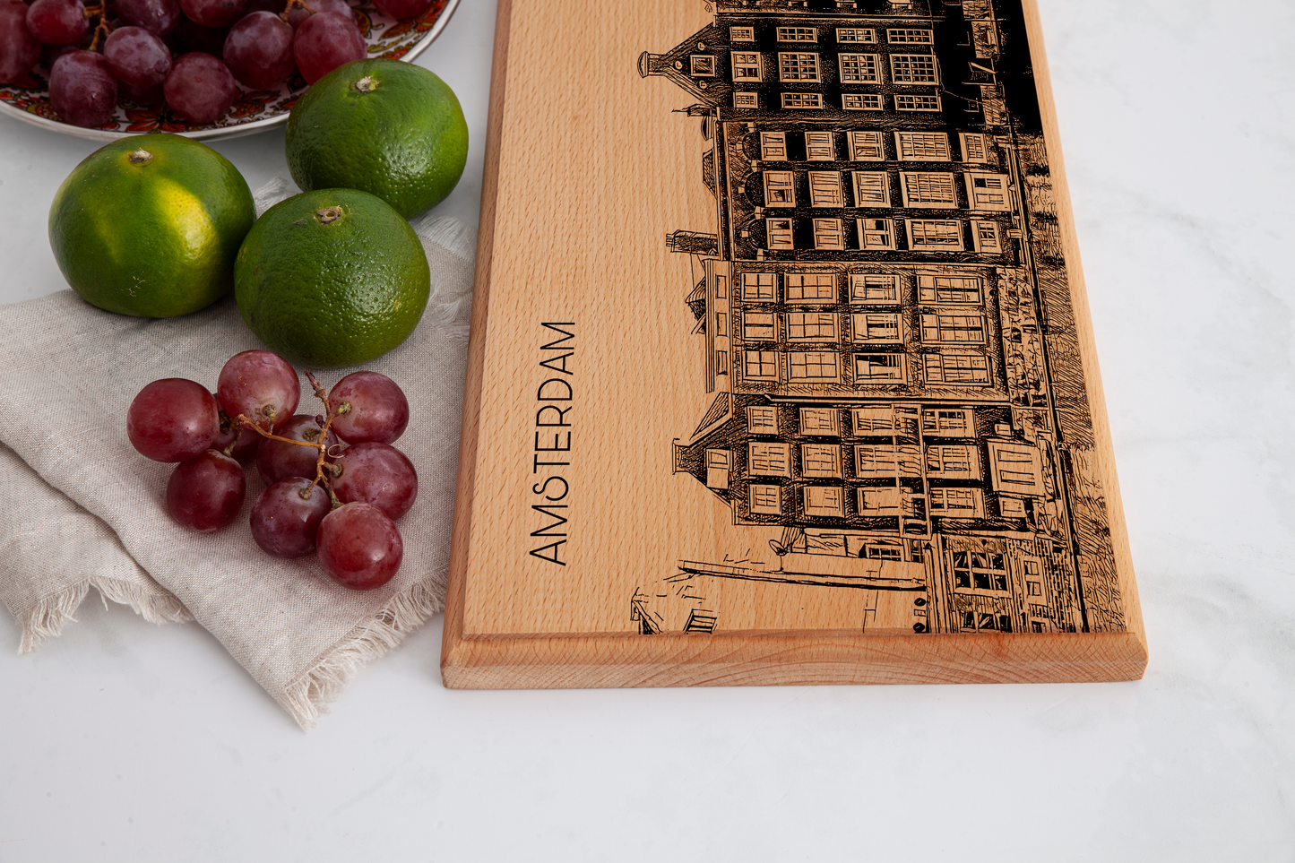 Handmade Amsterdam Dancing Houses Engraved Serving Board - Beech Wood