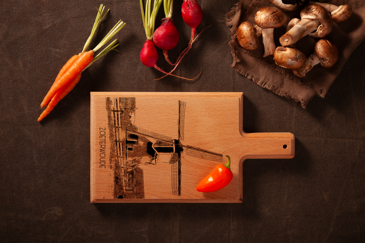 Handmade Zoeterwoude Molen Engraved Cheese Board - Beech Wood