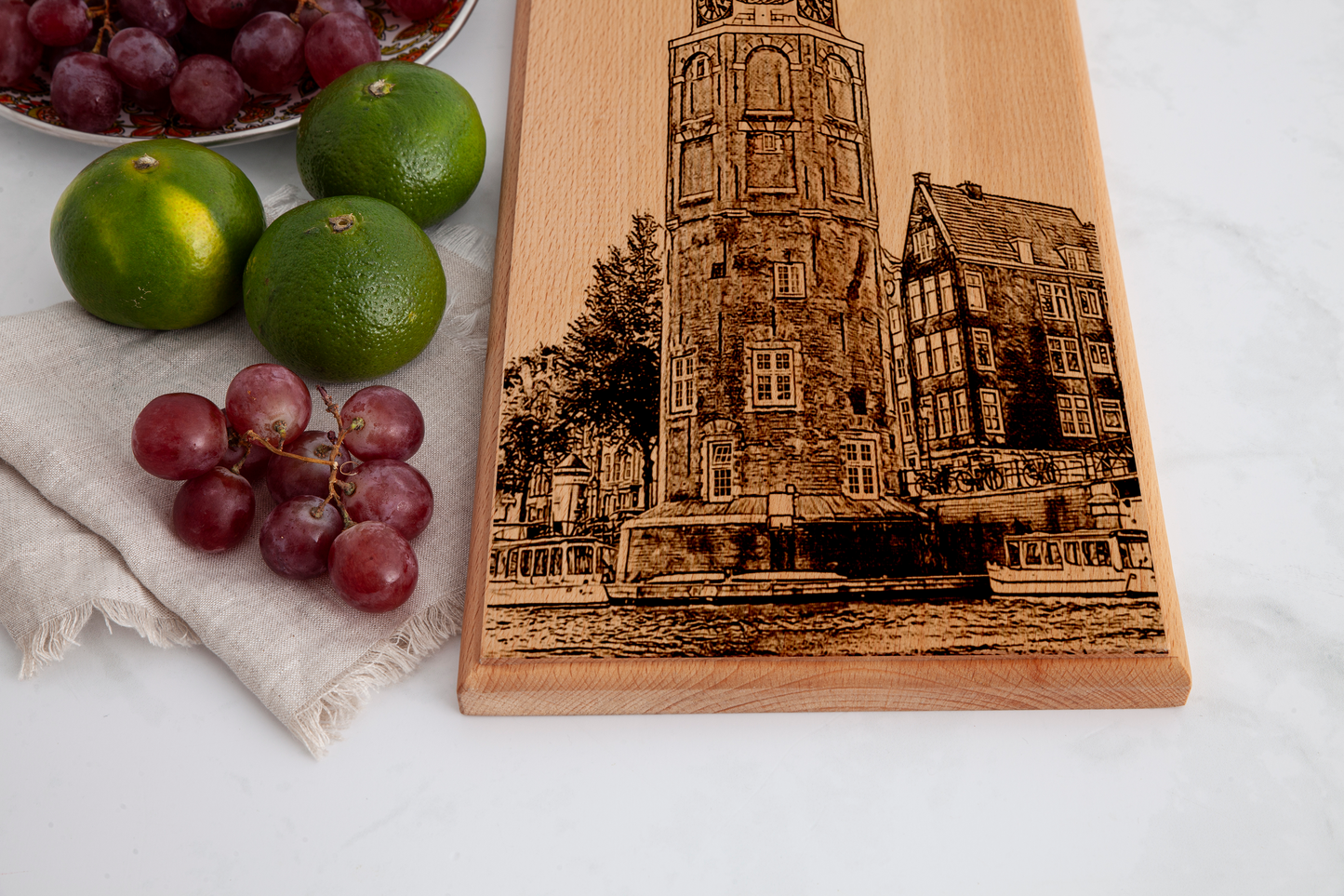 Handmade Amsterdam Montelbaanstoren Engraved Serving Board - Beech Wood