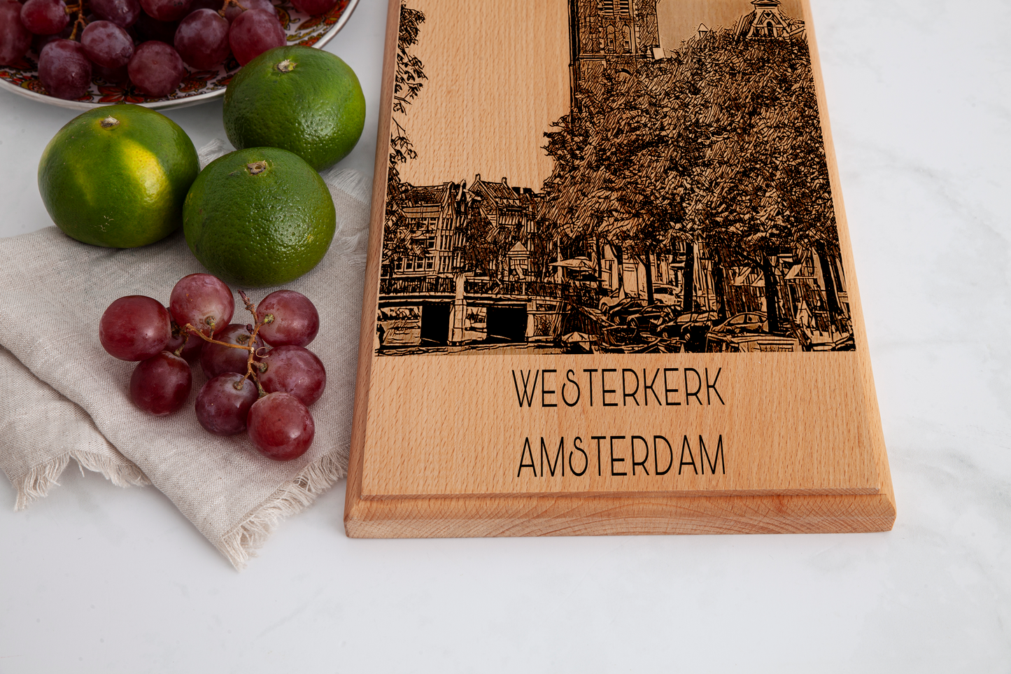 Handmade Amsterdam Westerkerk Engraved Serving Board - Beech Wood