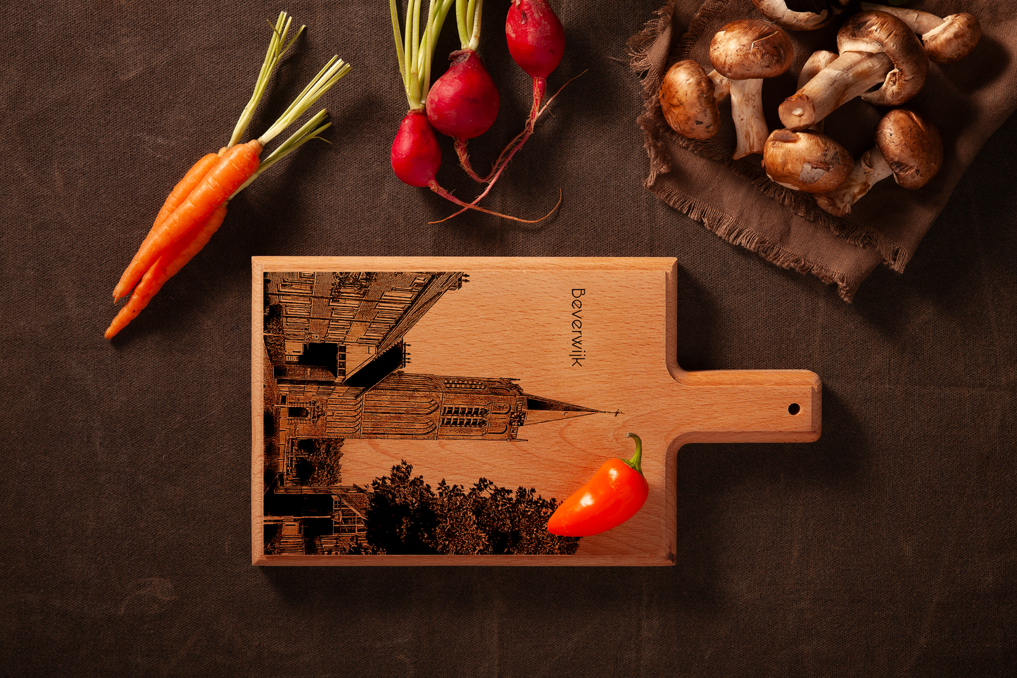 Handmade Beverwijk Wijkertoren Engraved Cheese Board - Beech Wood