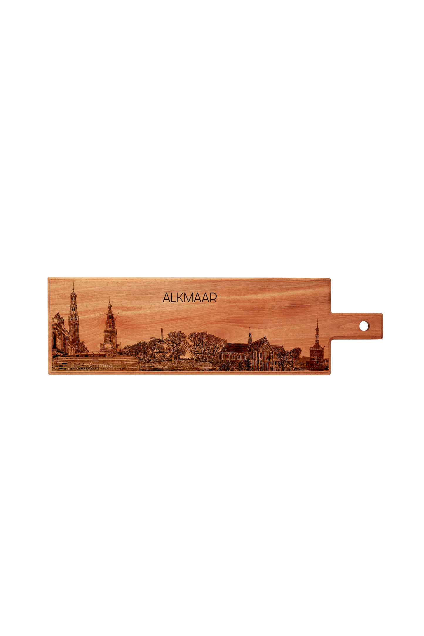 Handmade Alkmaar Skyline Engraved Long Serving Board - Beech Wood