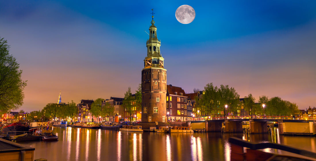 Amsterdam, Montelbaanstoren, moon, canal, sky