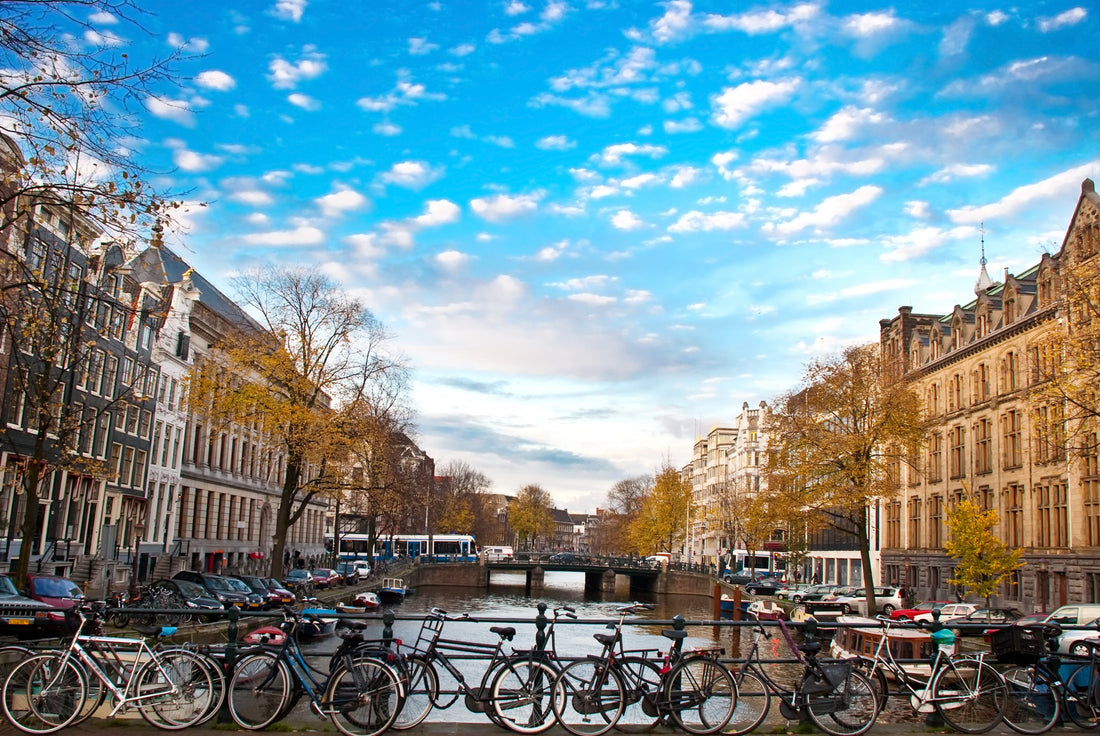 Amsterdam, bike, canal, sky, pink