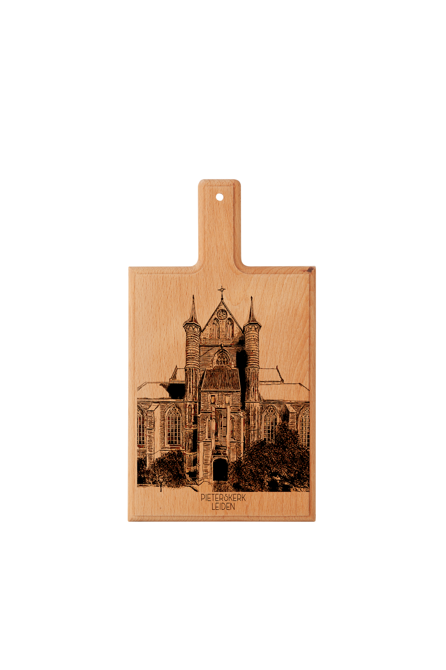 Leiden Pieterskerk Handmade , Engraved Cheese Board - Beech Wood