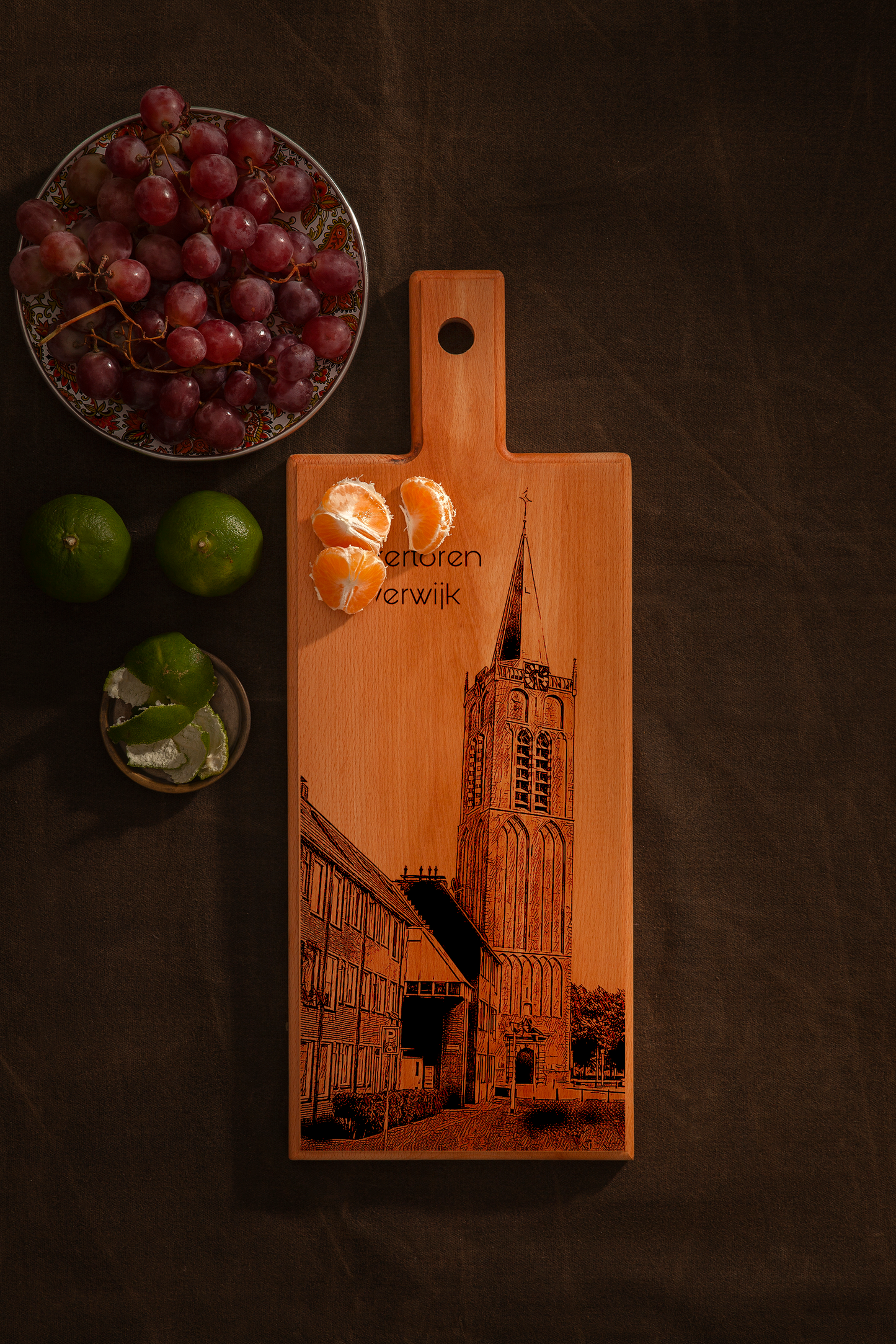 Handmade Beverwijk Wijkertoren Engraved Serving Board - Beech Wood