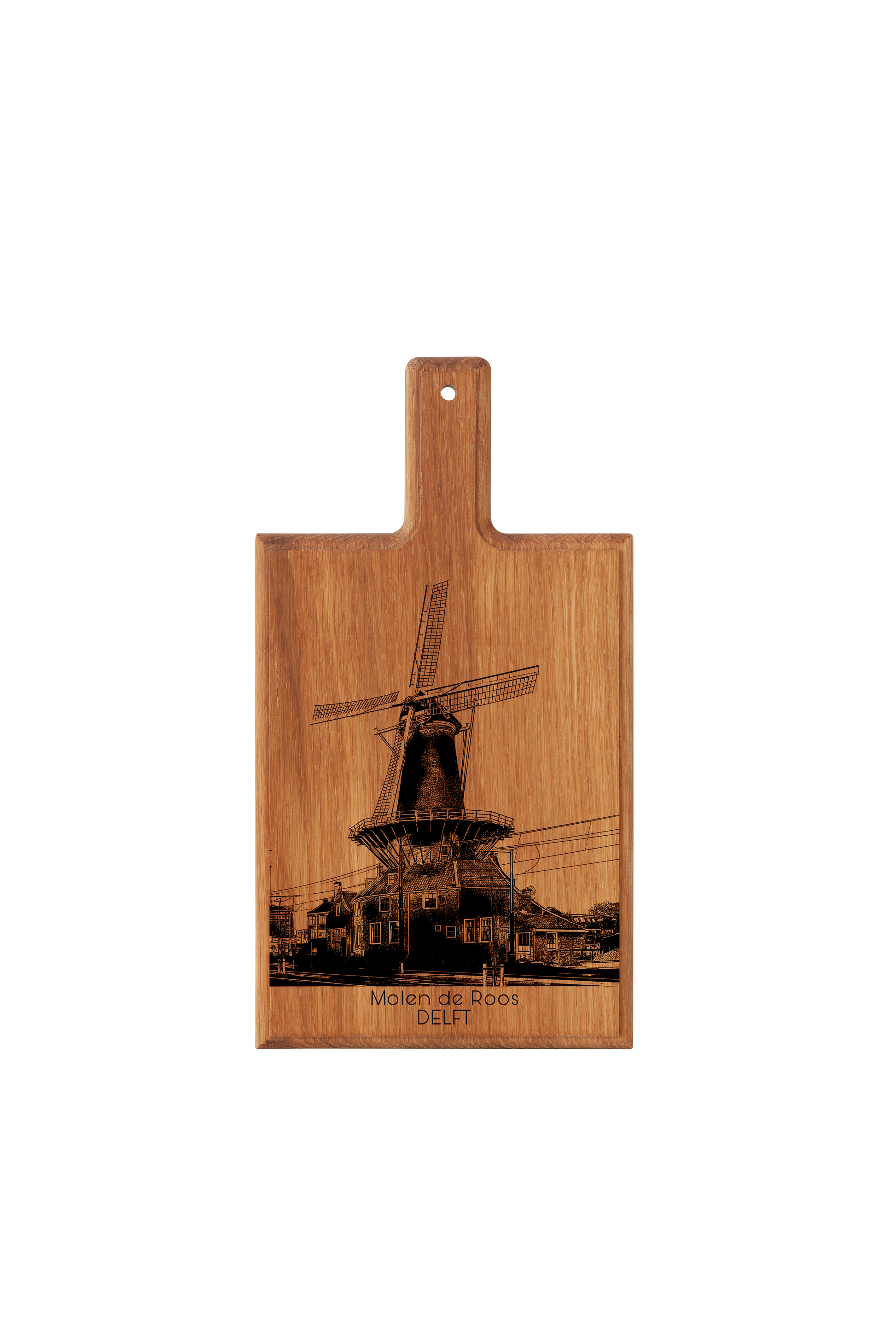 Oak Wood Variant of Handmade Molen De Roos Delft Engraved Cheese Board