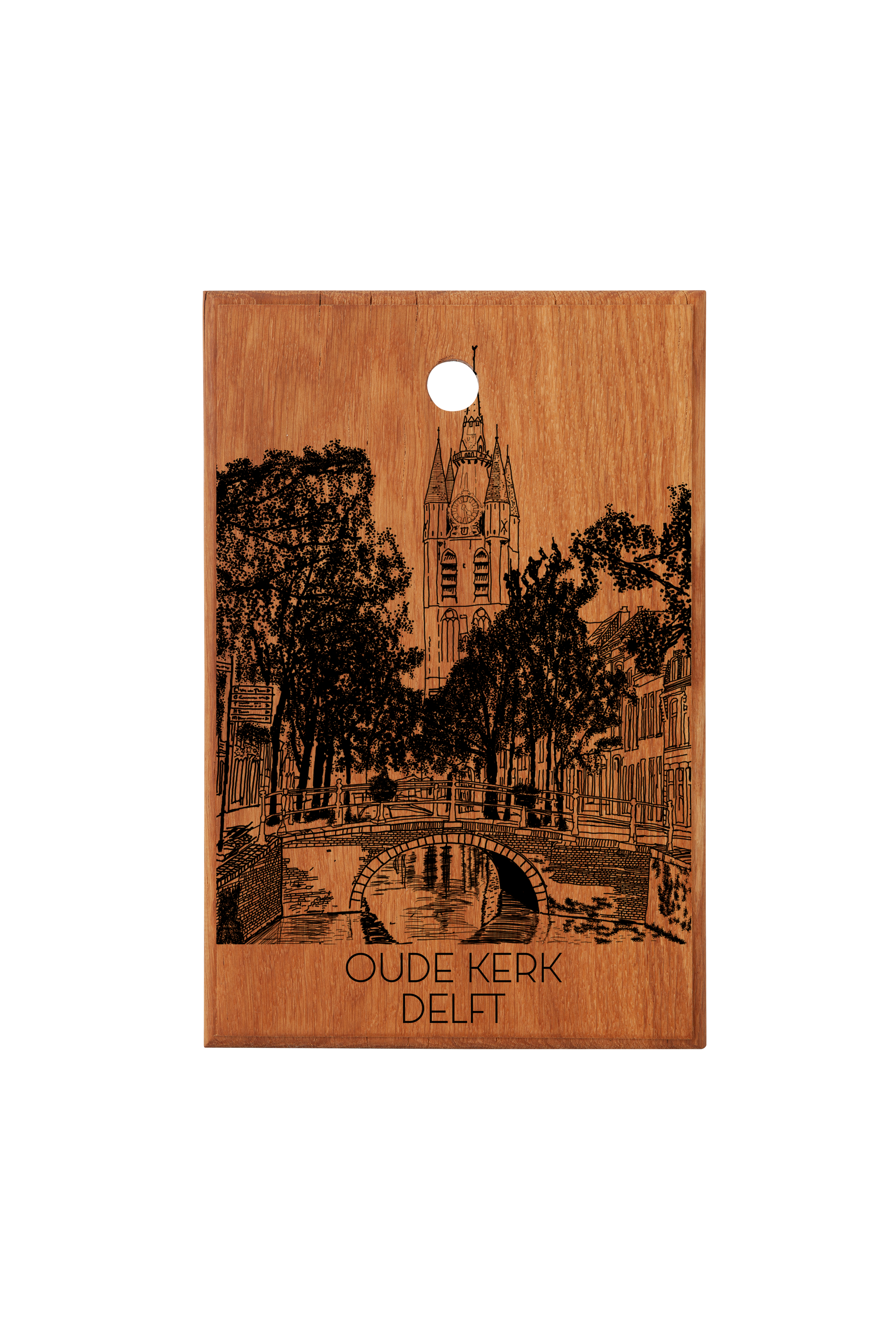 Oak Wood Variant of Handmade Oude Kerk Delft Engraved Cutting Board