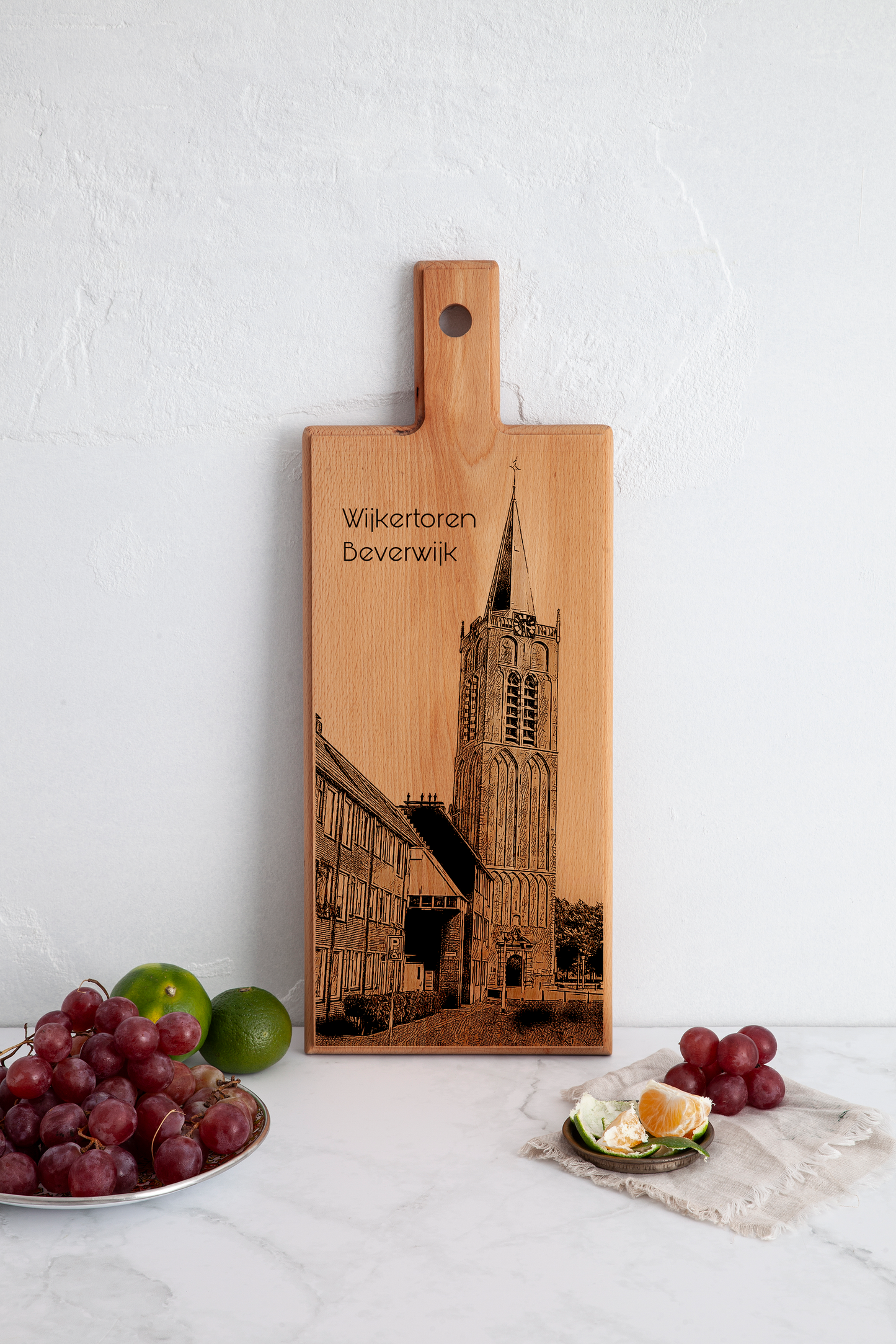 Handmade Beverwijk Wijkertoren Engraved Serving Board - Beech Wood