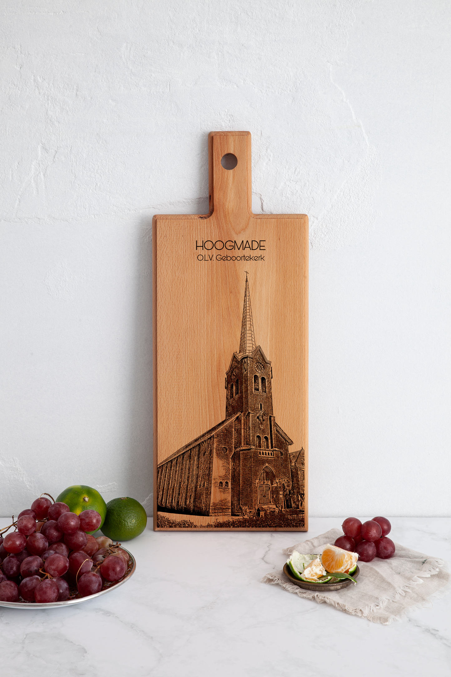 Hoogmade OLV Geboortekerk – Wooden Serving Board (49 × 17 cm)