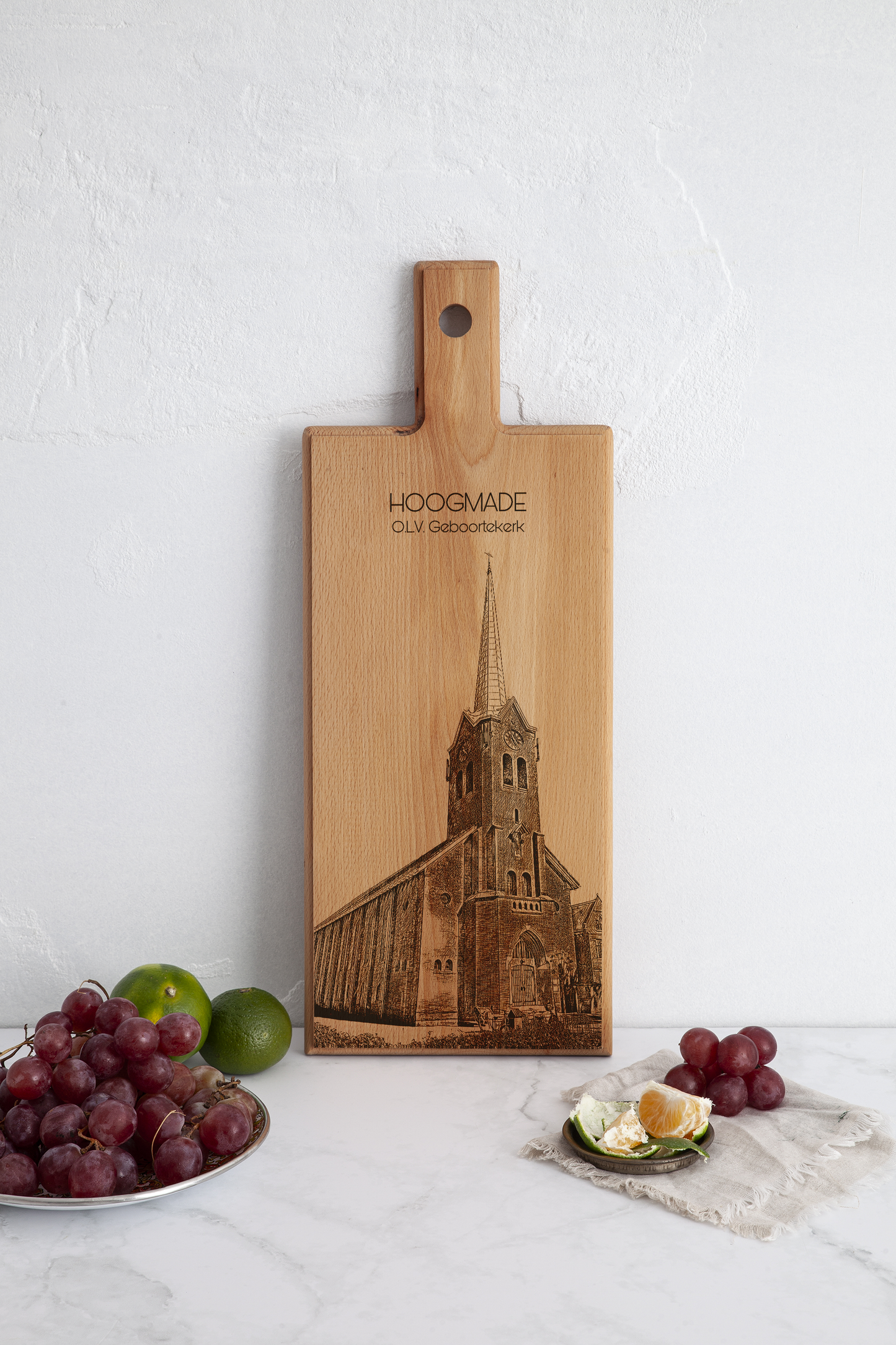 Hoogmade OLV Geboortekerk – Wooden Serving Board (49 × 17 cm)