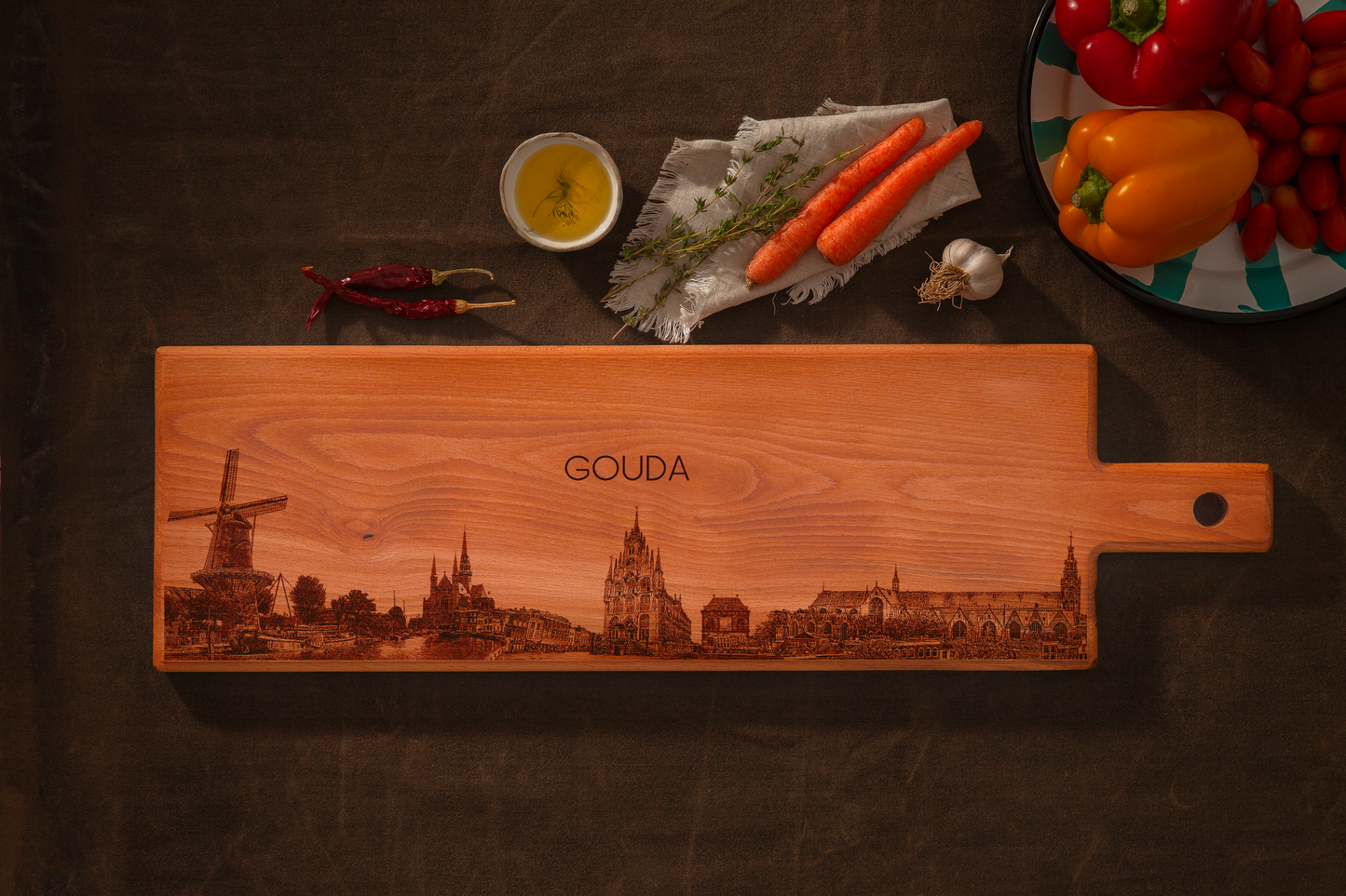 Gouda Skyline Wooden Serving Board – 60 x 17 cm