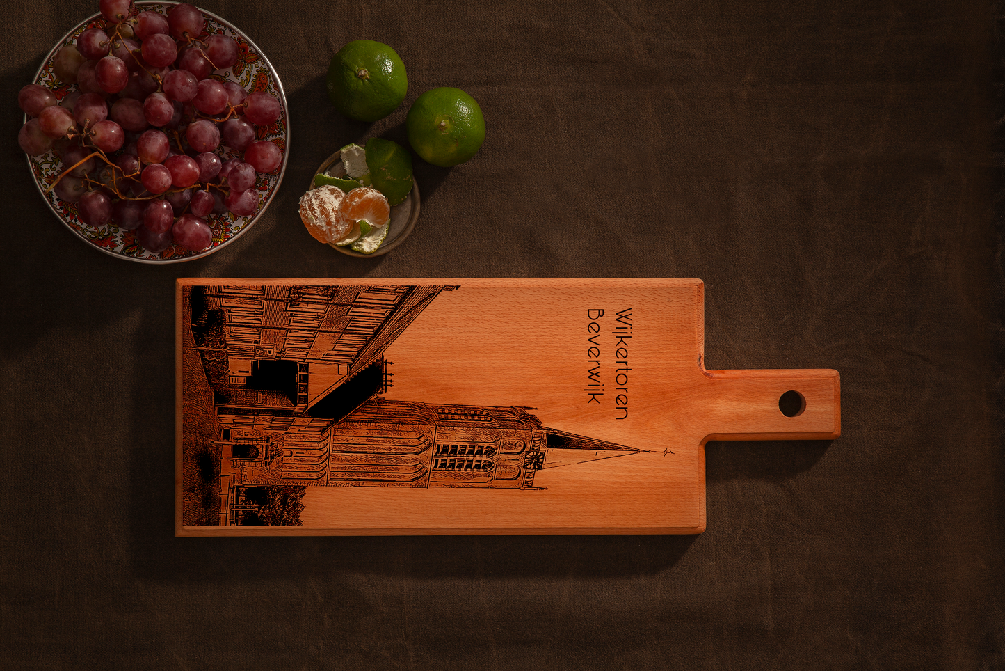 Handmade Beverwijk Wijkertoren Engraved Serving Board - Beech Wood