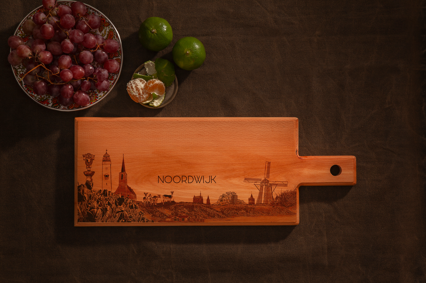 Noordwijk Skyline – Handmade Wooden Serving & Cheese Board (49 × 17 cm)