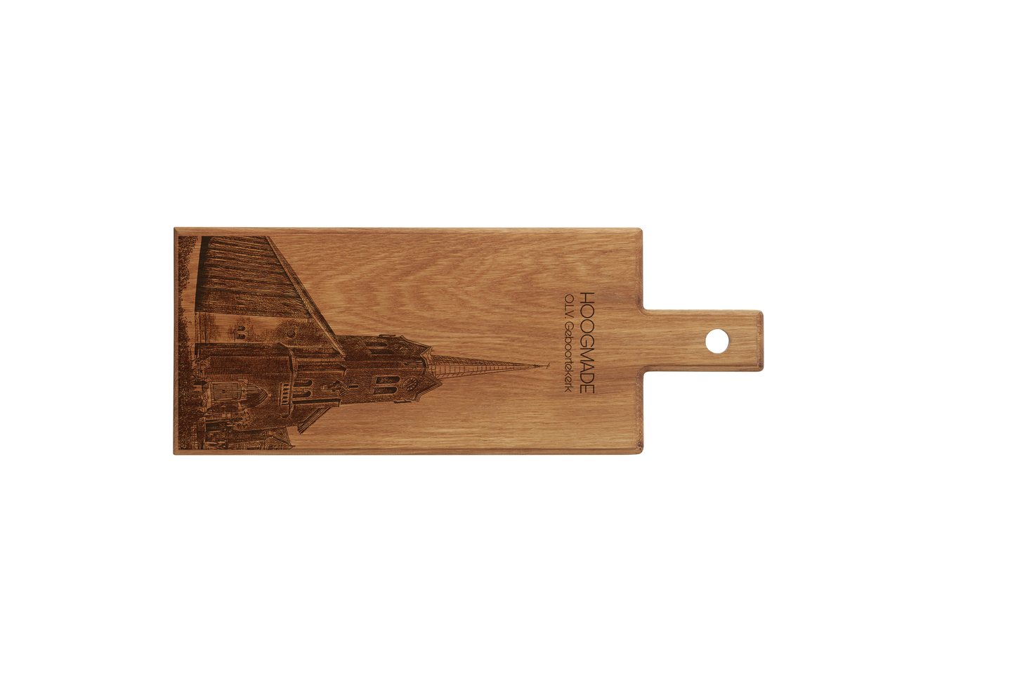 Hoogmade OLV Geboortekerk – Wooden Serving Board (49 × 17 cm)