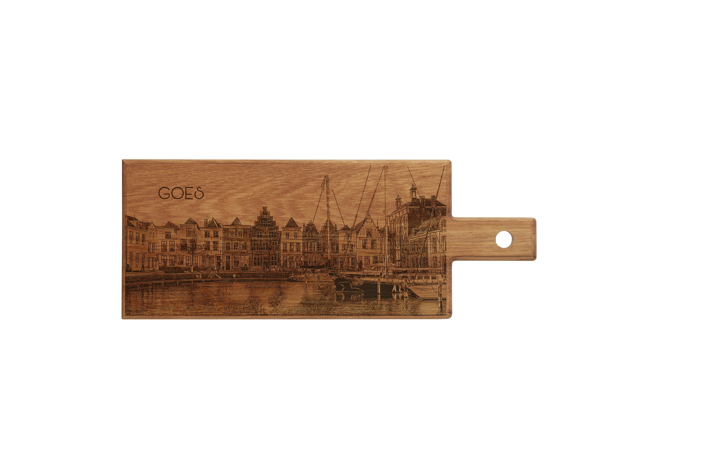 Goes Skyline – Handgemaakte Houten Serveer- & Kaasplank (49 × 17 cm)