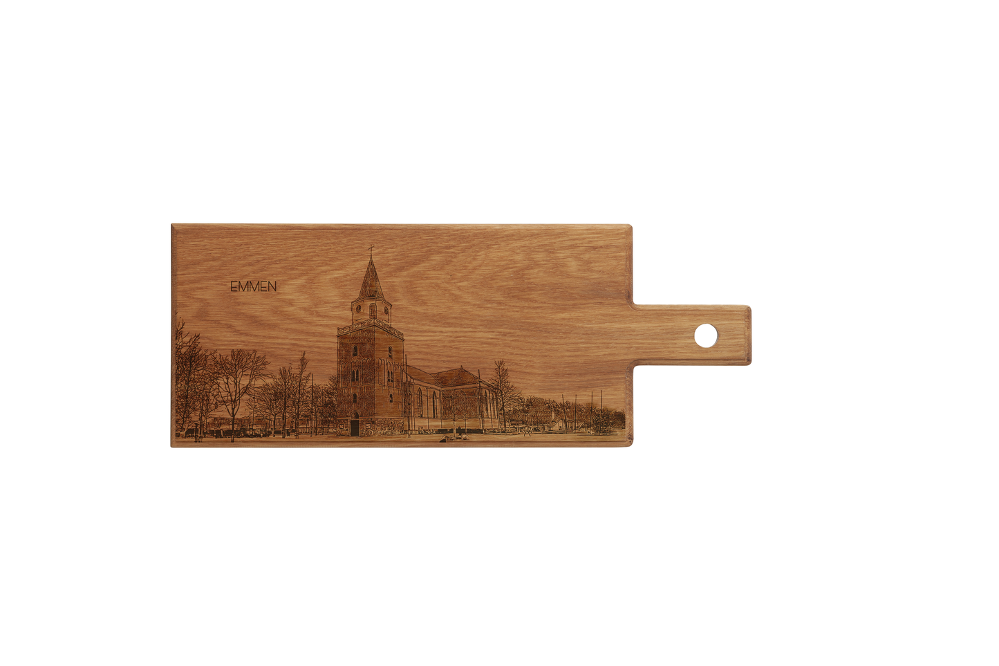 Emmen Skyline – Handgemaakte Houten Serveer- & Kaasplank (49 × 17 cm)