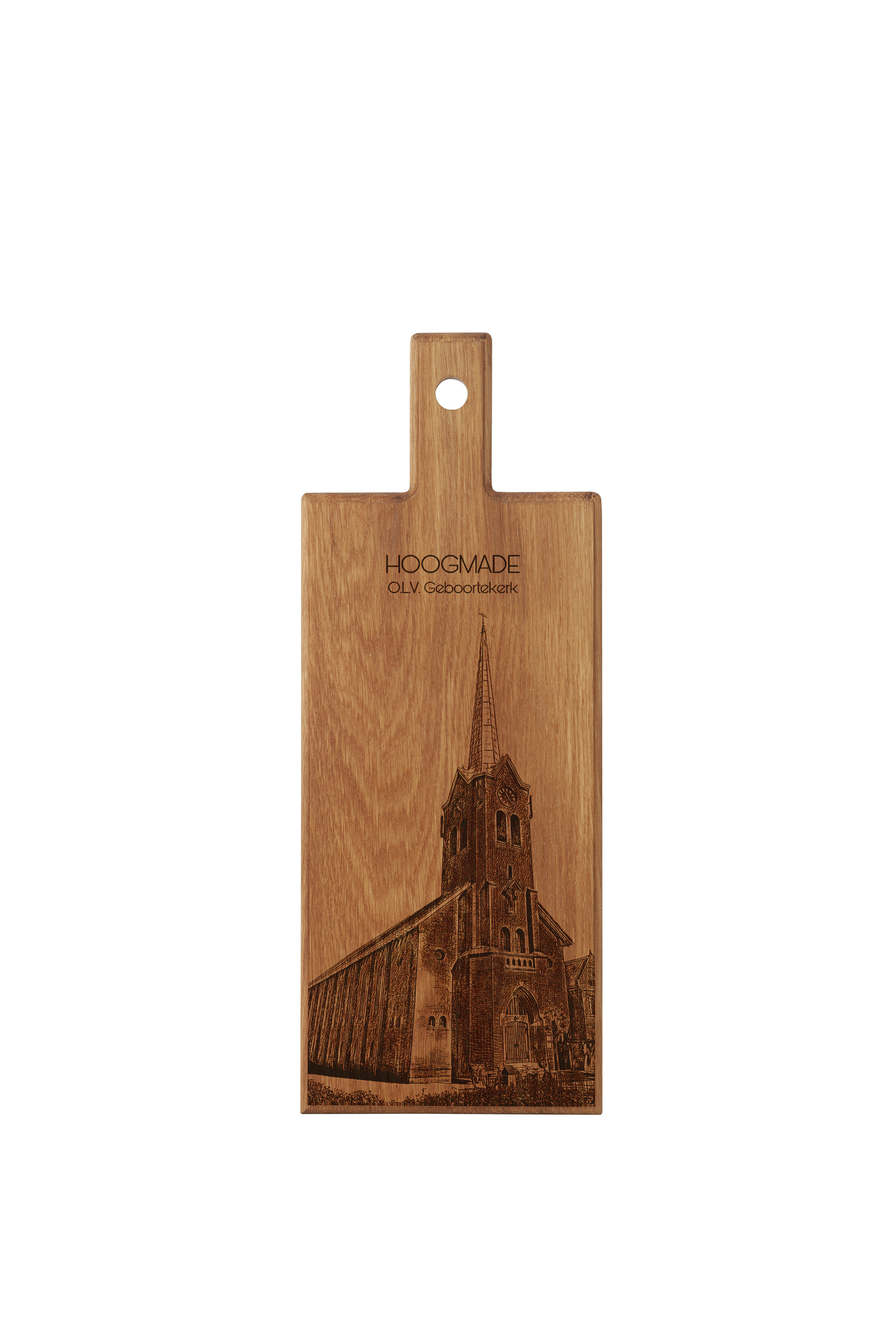 Hoogmade OLV Geboortekerk – Wooden Serving Board (49 × 17 cm)