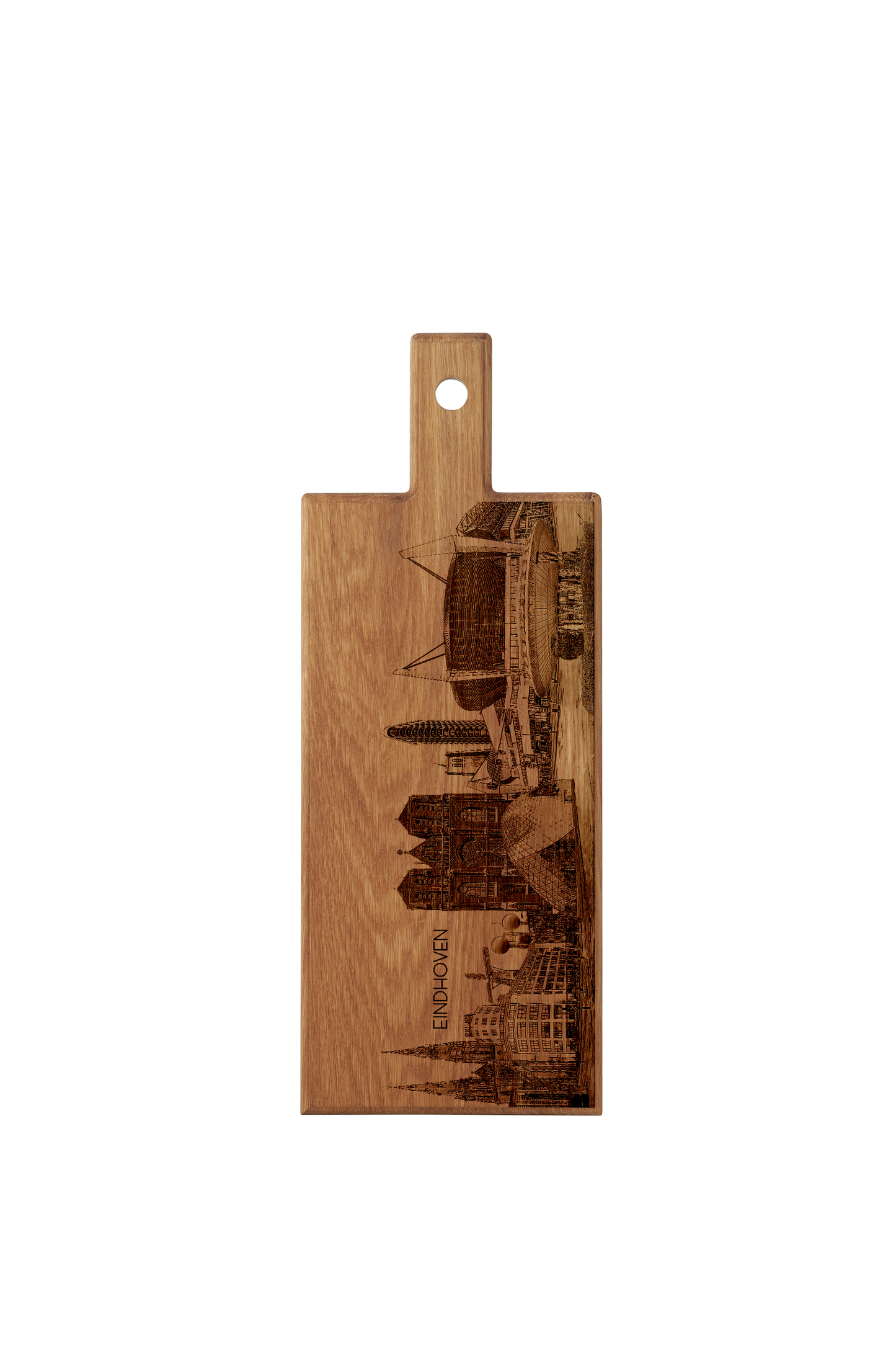 Eindhoven Skyline – Handgemaakte Houten Serveer- & Kaasplank (49 × 17 cm)