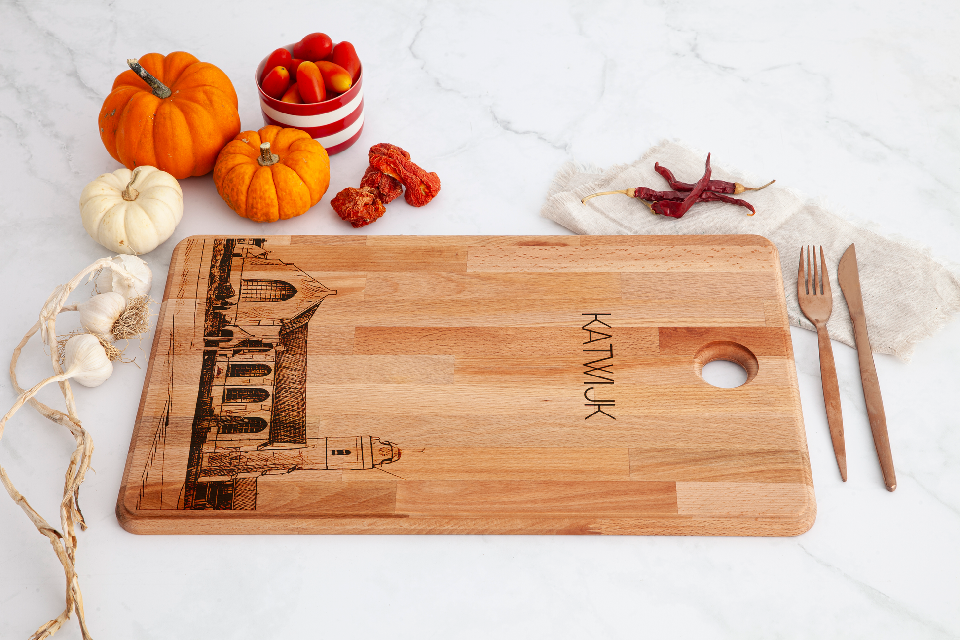 Katwijk, Andreaskerk, cutting board, with knife