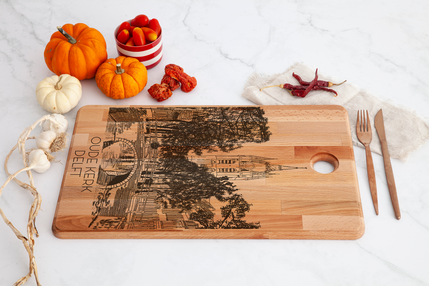 Delft, Oude Kerk, cutting board, with knife