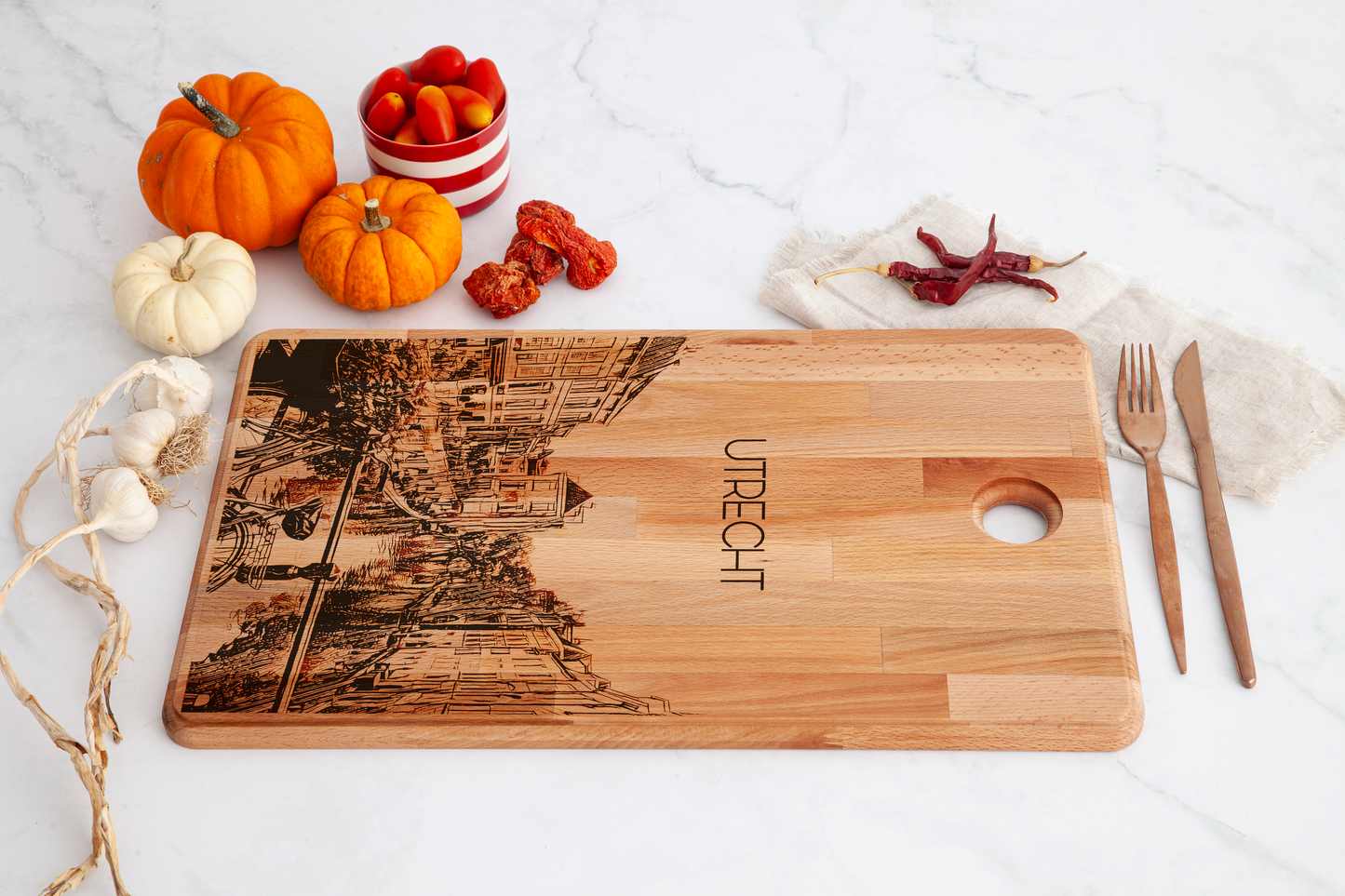 Utrecht, City View, cutting board, with knife