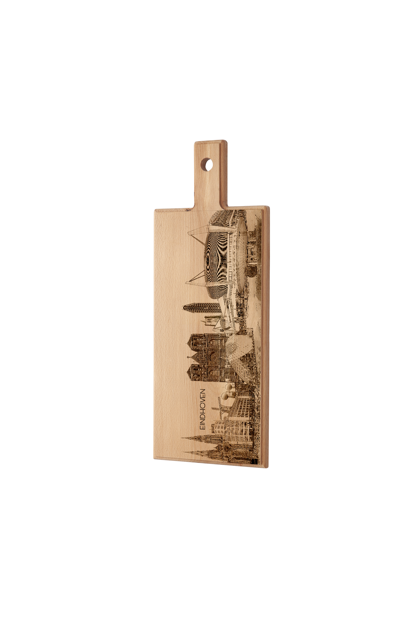Eindhoven Skyline – Handgemaakte Houten Serveer- & Kaasplank (49 × 17 cm)