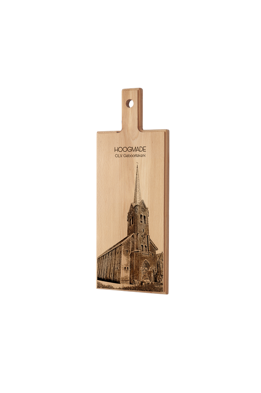 Hoogmade OLV Geboortekerk – Wooden Serving Board (49 × 17 cm)