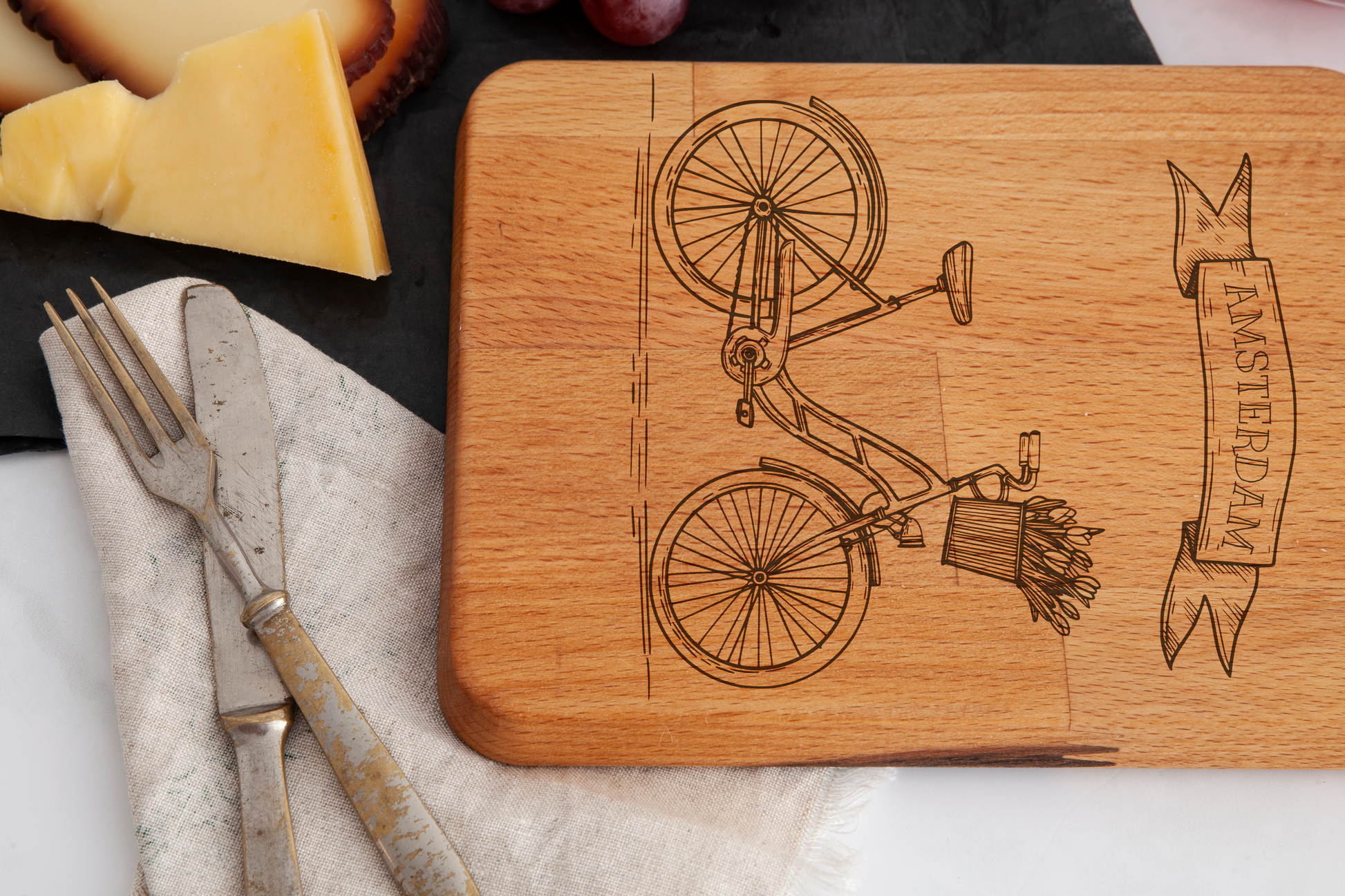 Amsterdam, Bicycle, cheese board, wood grain