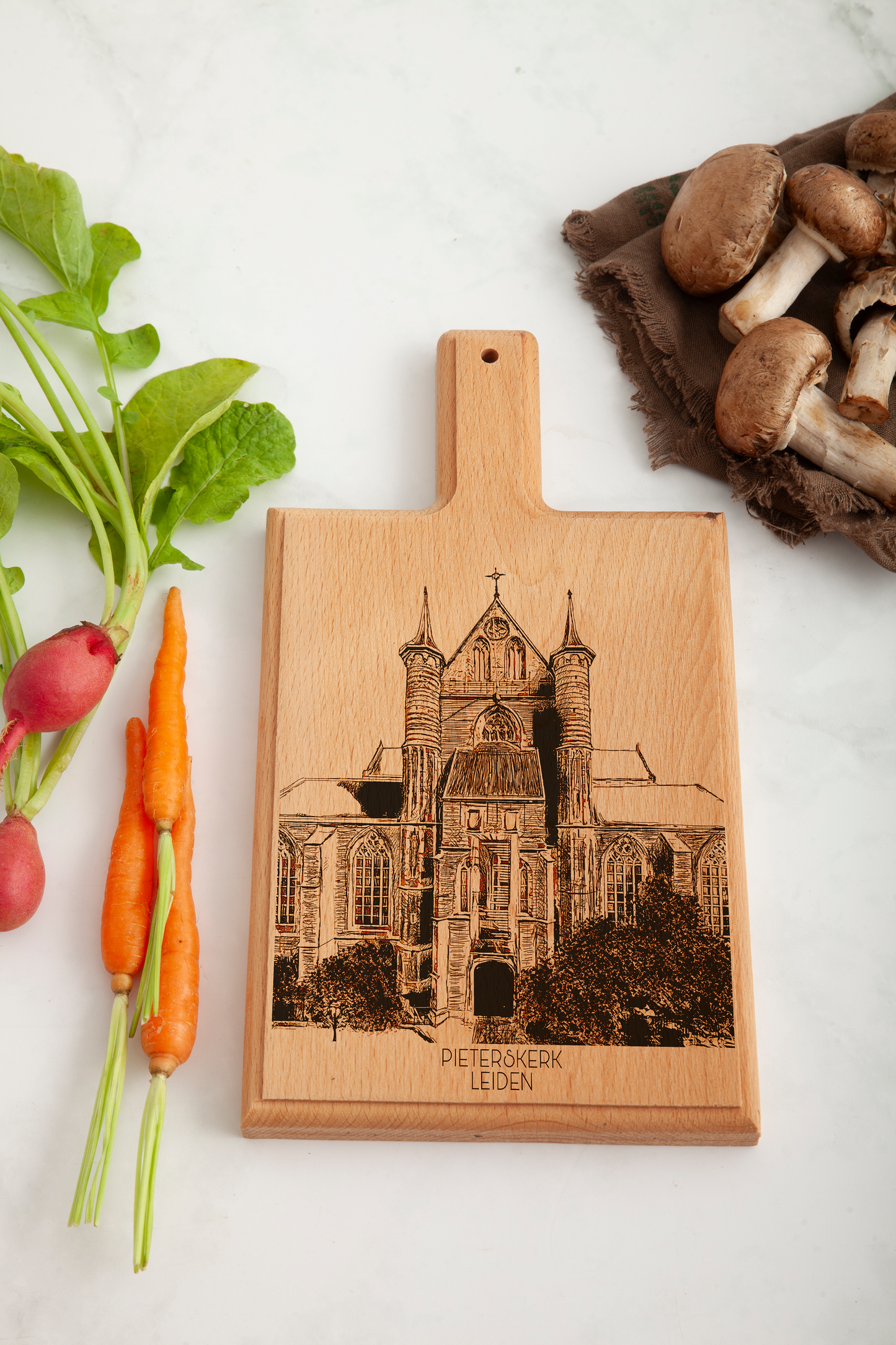 Leiden Pieterskerk Handmade , Engraved Cheese Board - Beech Wood