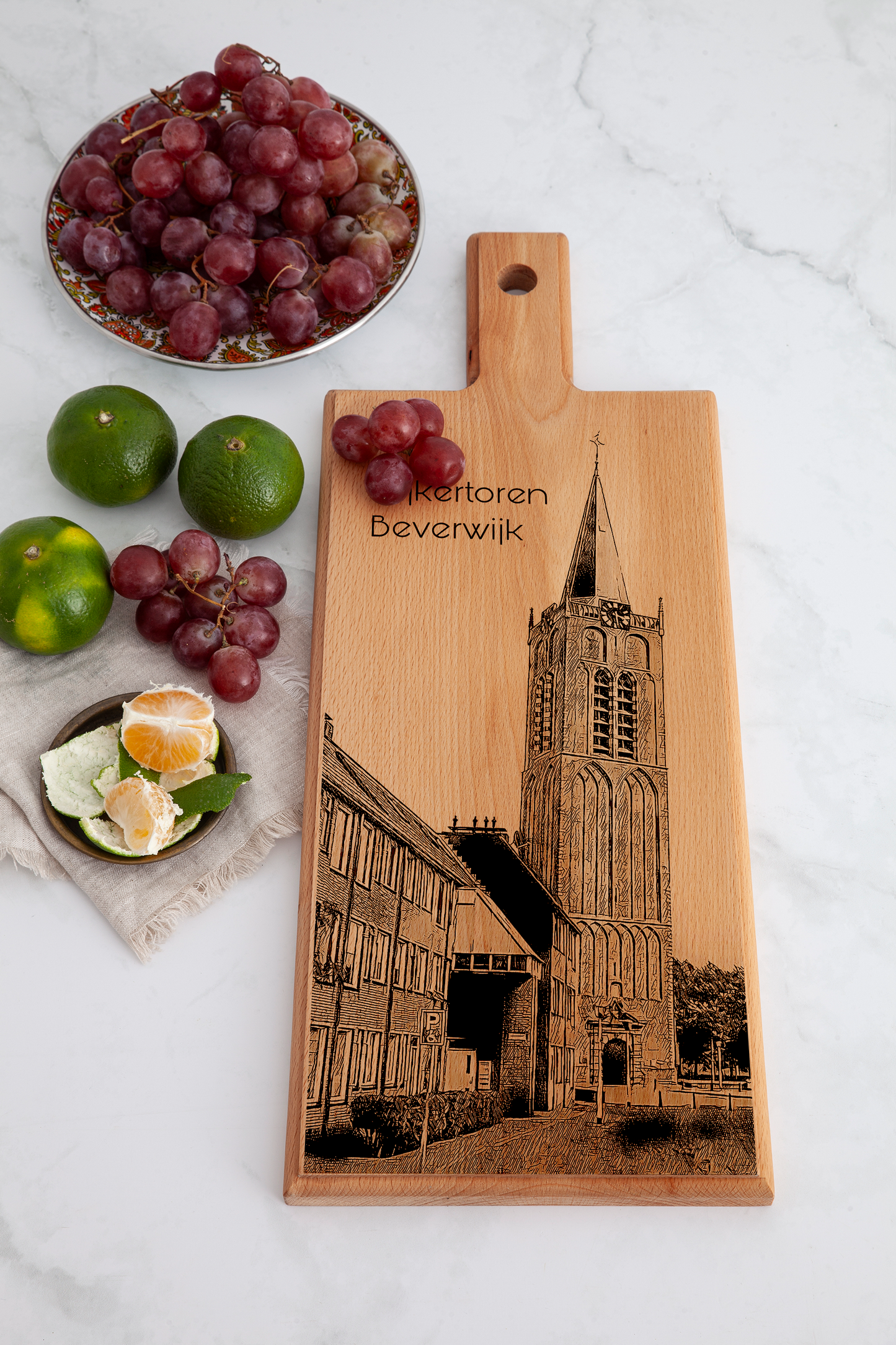 Handmade Beverwijk Wijkertoren Engraved Serving Board - Beech Wood