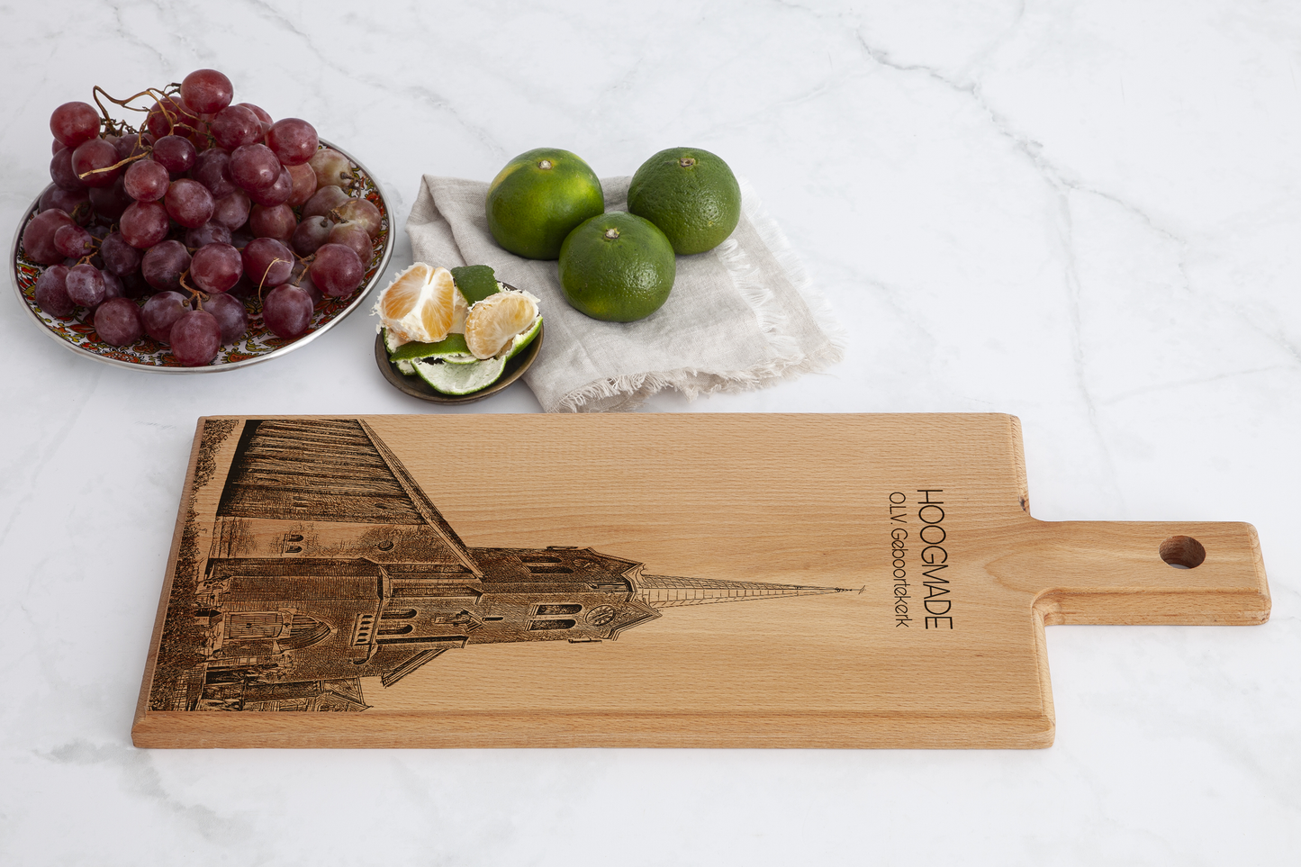 Hoogmade OLV Geboortekerk – Wooden Serving Board (49 × 17 cm)