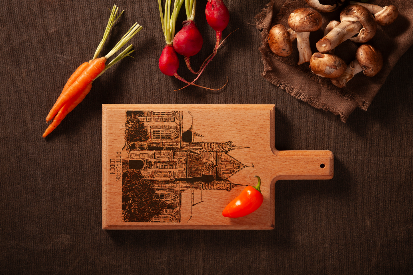 Leiden Pieterskerk Handmade , Engraved Cheese Board - Beech Wood