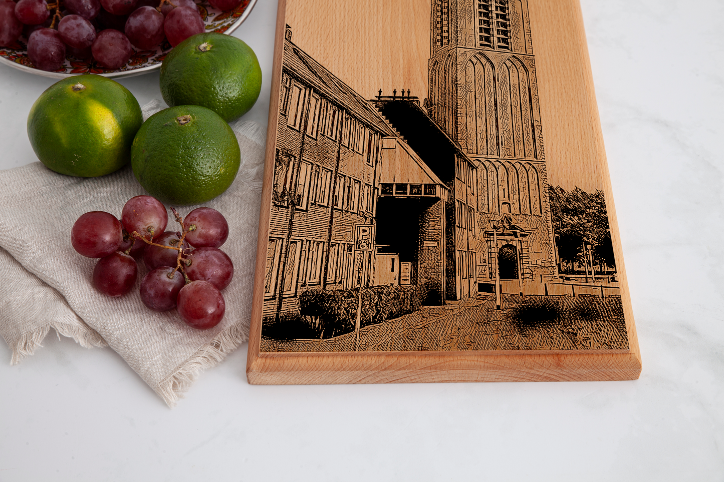 Handmade Beverwijk Wijkertoren Engraved Serving Board - Beech Wood