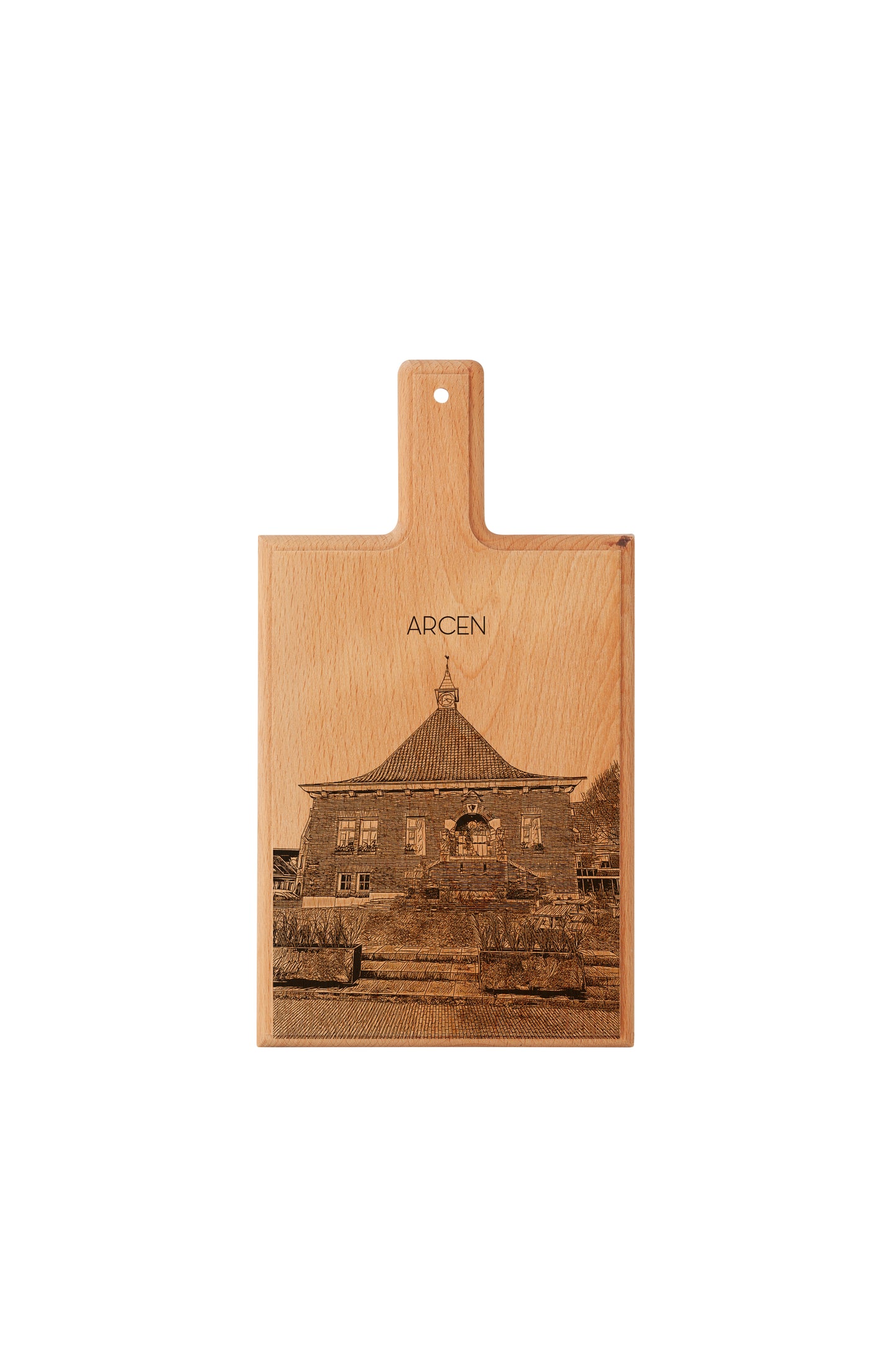 Arcen – Historic Town Hall Wooden Cheese Board Souvenir (28 × 15 cm)