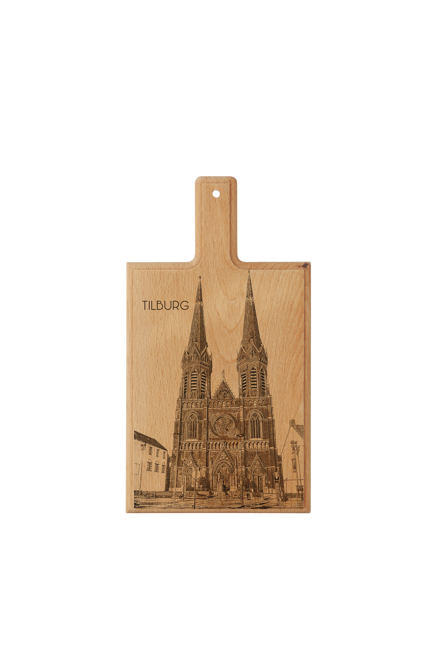 Tilburg Heuvelse Kerk – Handgemaakte Beukenhouten Serveer- & Kaasplank (28 × 15 cm)
