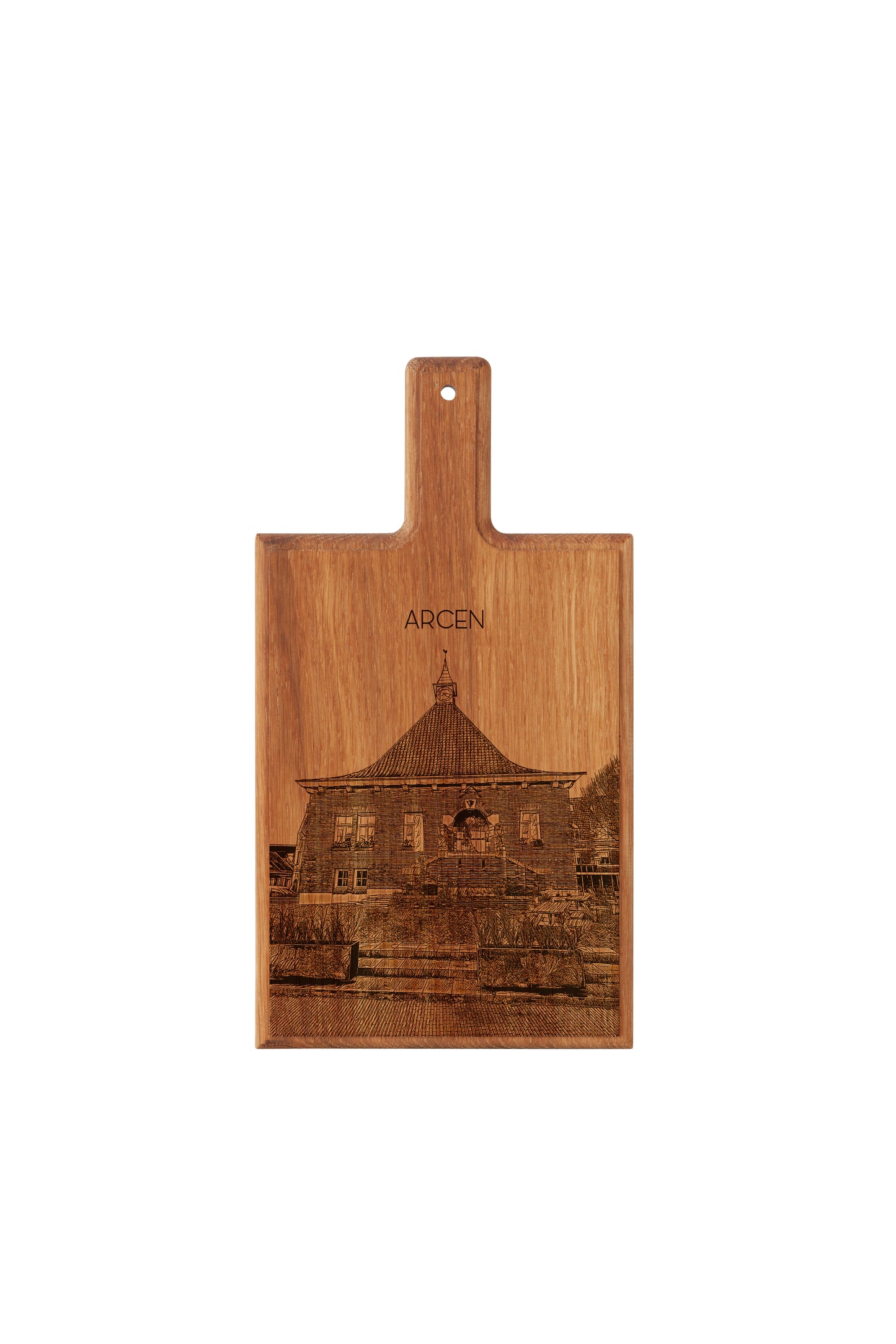 Arcen – Historic Town Hall Wooden Cheese Board Souvenir (28 × 15 cm)