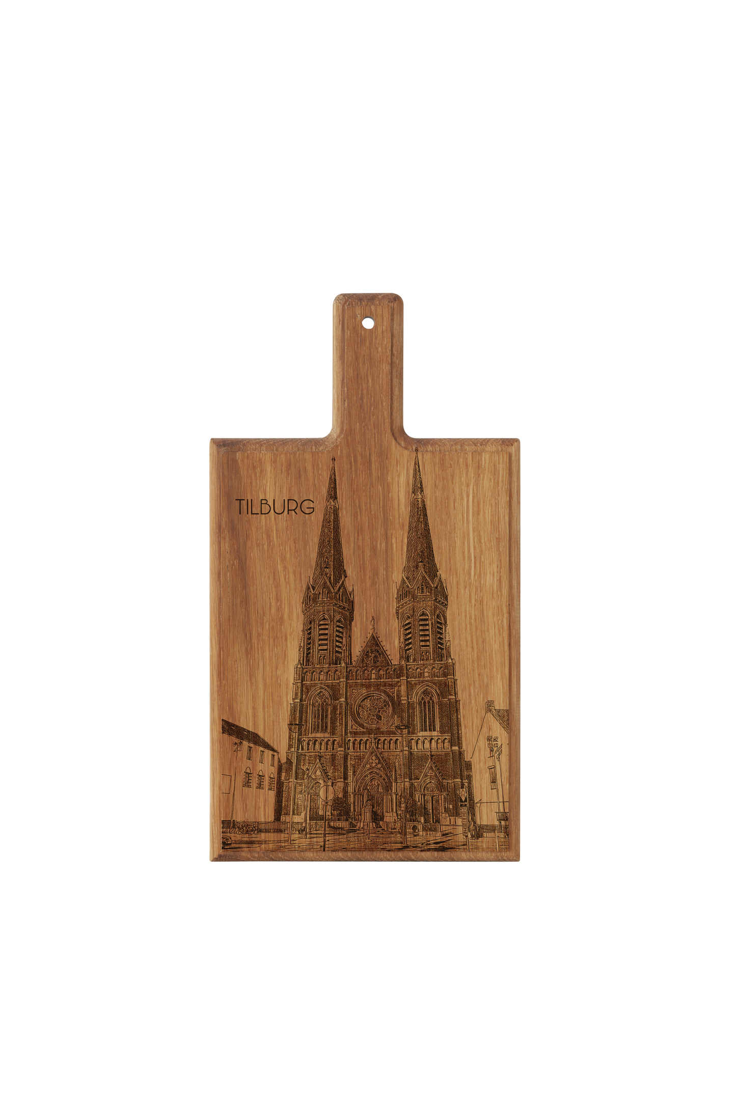 Tilburg Heuvelse Kerk – Handgemaakte Beukenhouten Serveer- & Kaasplank (28 × 15 cm)
