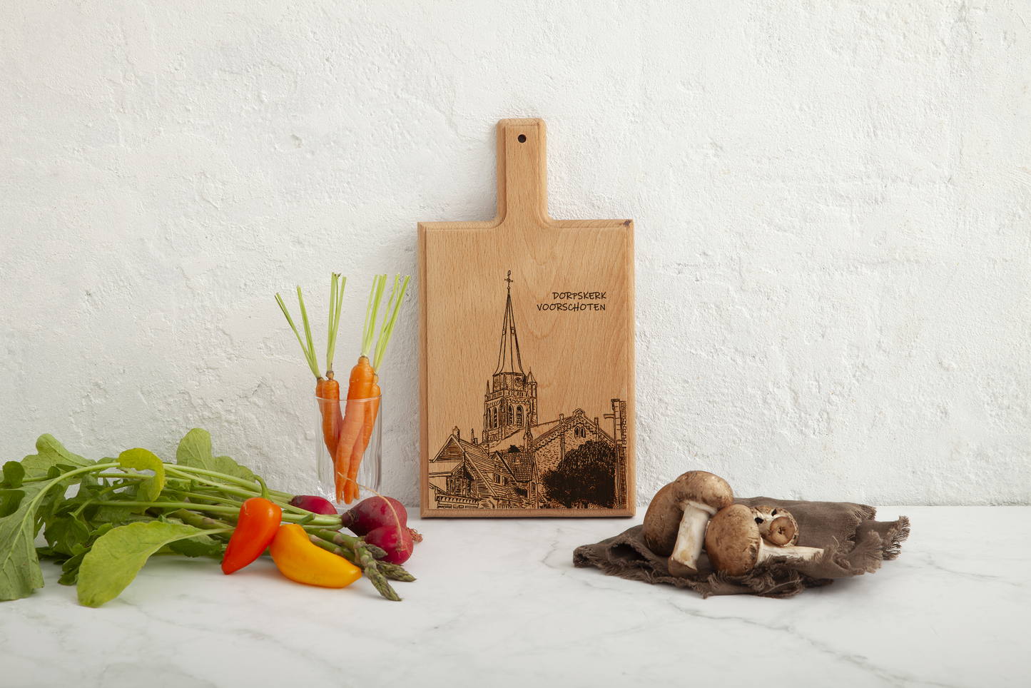 Handmade Voorschoten Dorpskerk Engraved Cheese Board - Beech Wood