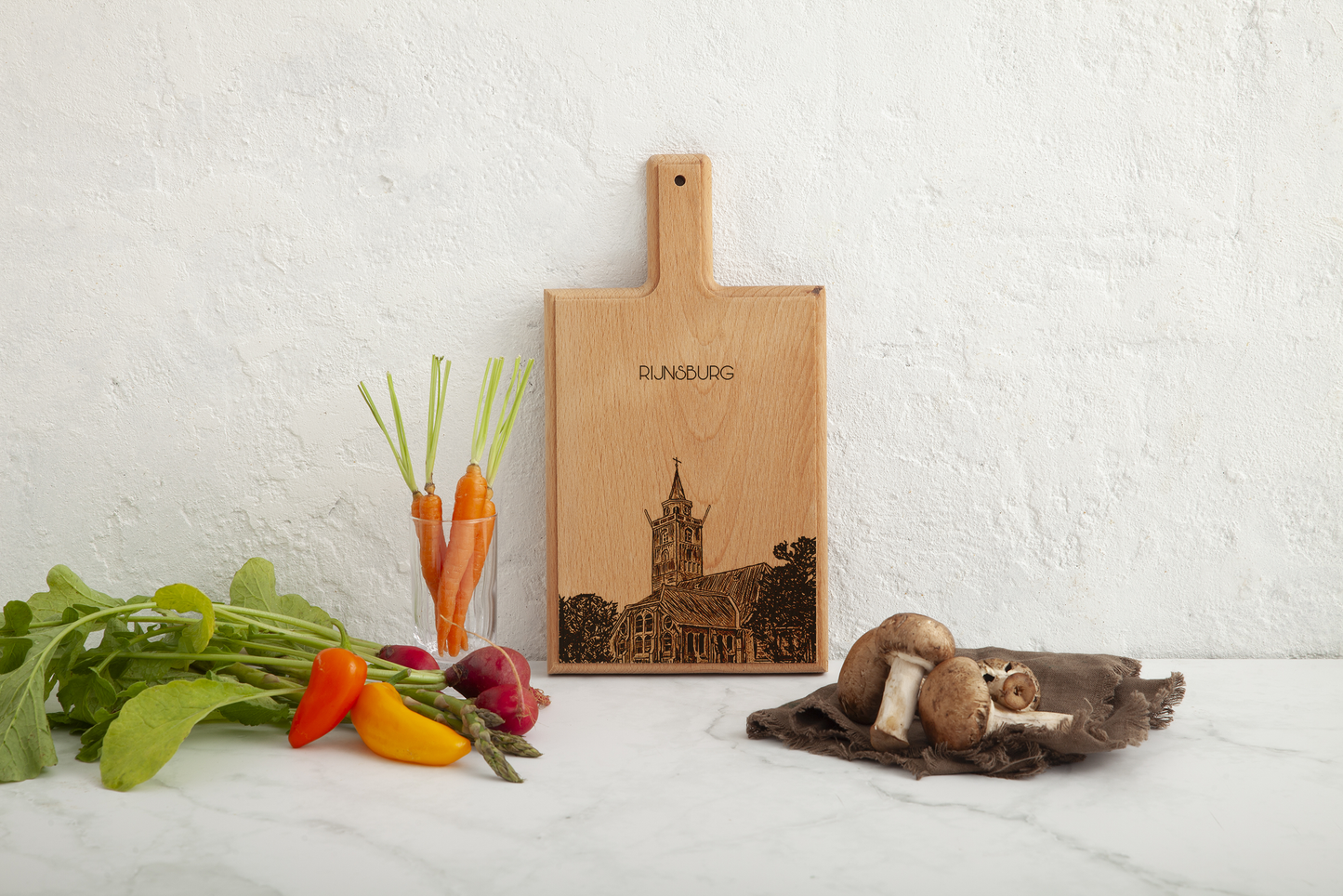 Handmade Rijnsburg Grote Kerk Engraved Cheese Board - Beech Wood