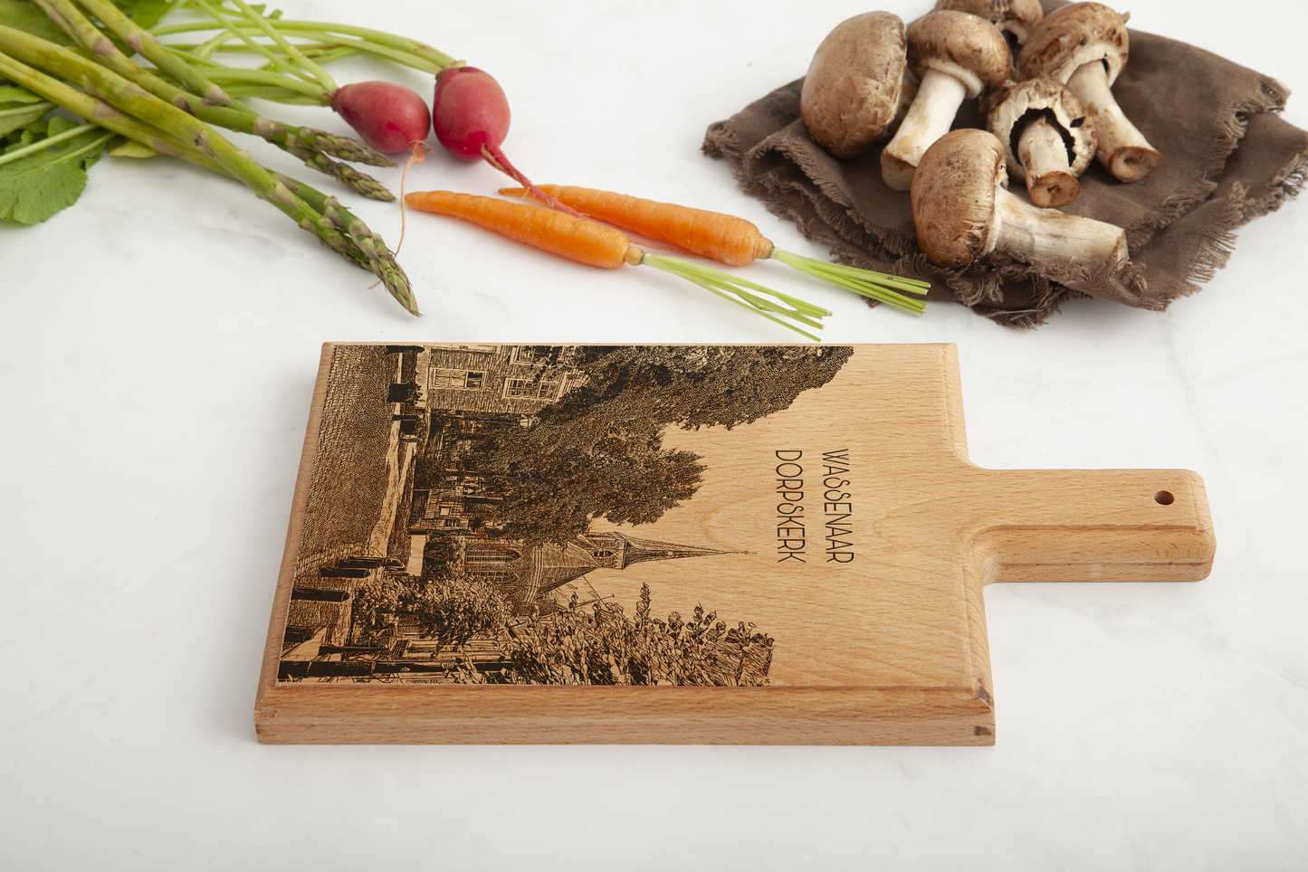 Handmade Wassenaar Dorpskerk Engraved Cheese Board - Beech Wood