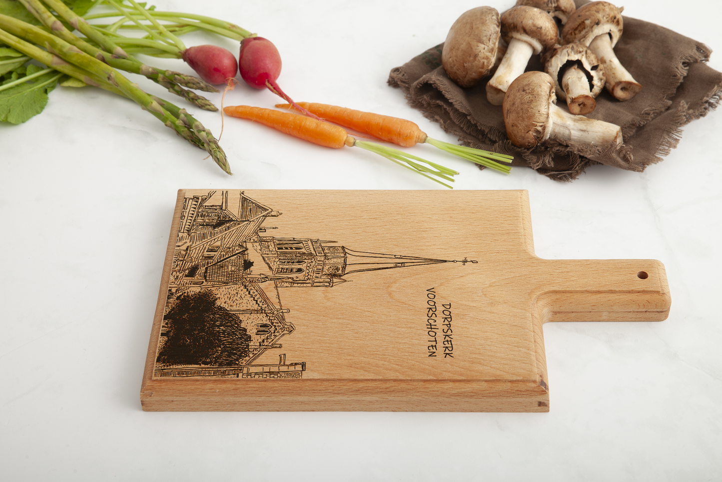 Handmade Voorschoten Dorpskerk Engraved Cheese Board - Beech Wood