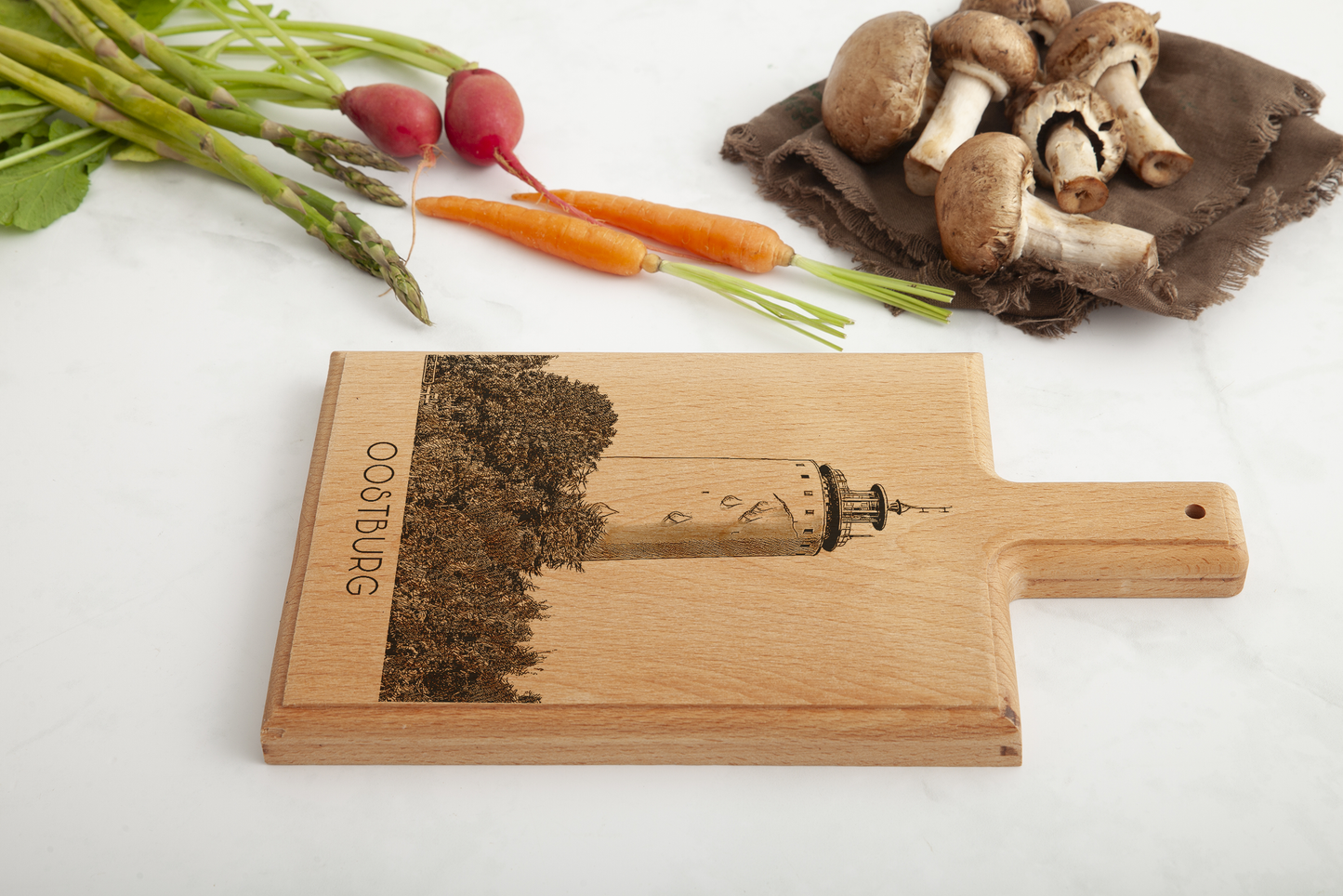 Handmade Oostburg Watertoren Engraved Cheese Board - Beech Wood