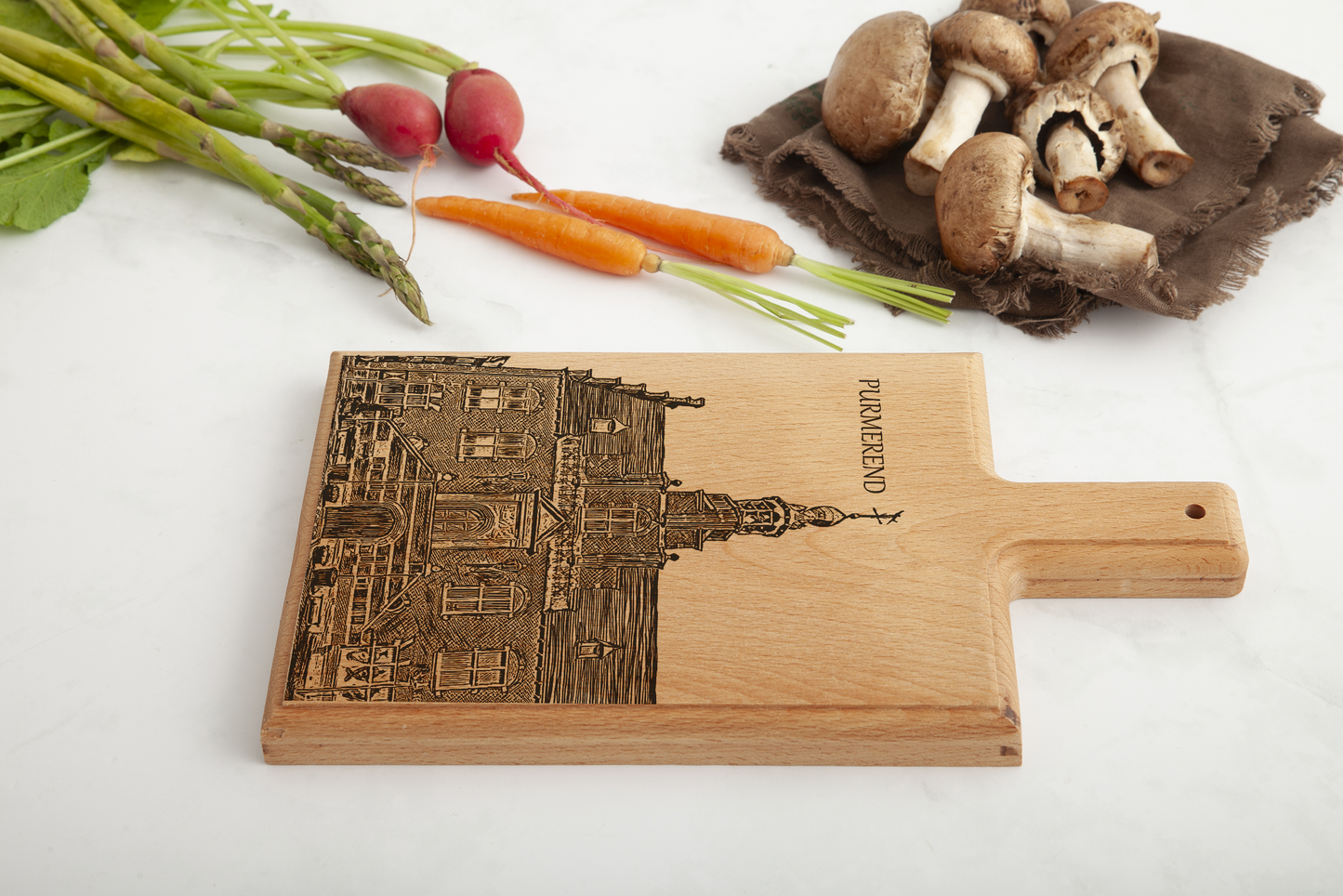 Handmade Purmerend Stadhuis Engraved Cheese Board - Beech Wood