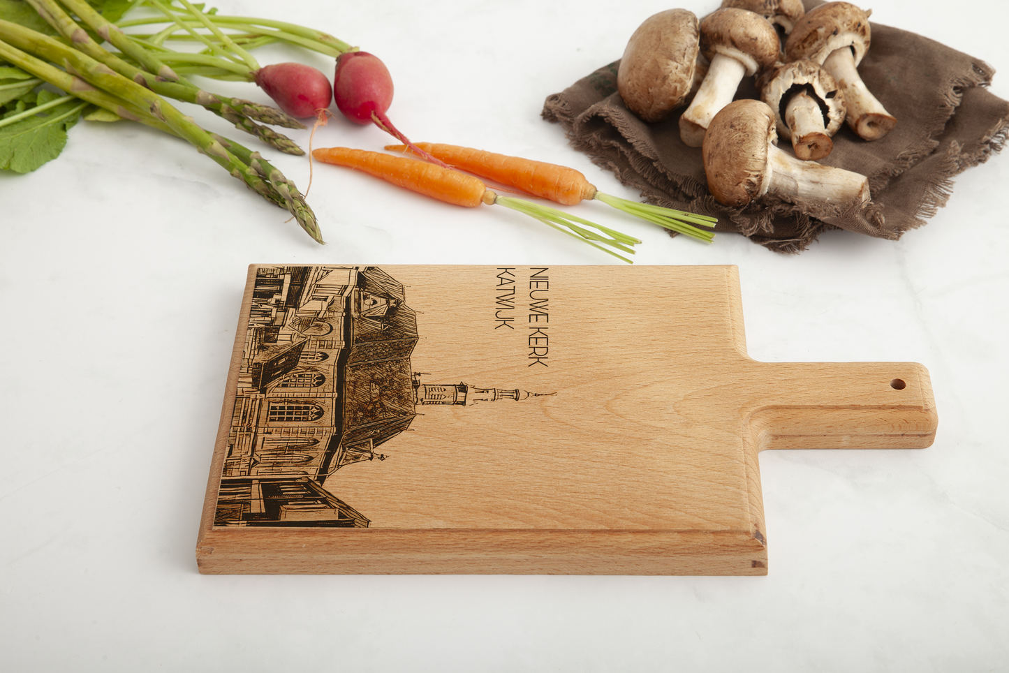 KATWIJK DE NIEUWE KERK HANDMADE , ENGRAVED CHEESE BOARD