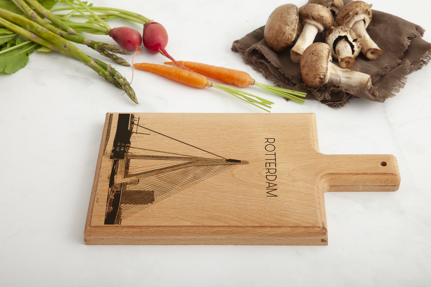 Handmade Rotterdam Erasmusbrug Engraved Cheese Board - Beech Wood