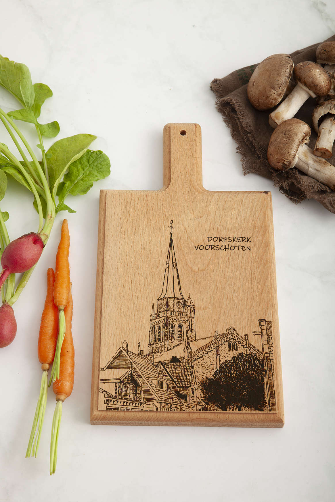 Handmade Voorschoten Dorpskerk Engraved Cheese Board - Beech Wood