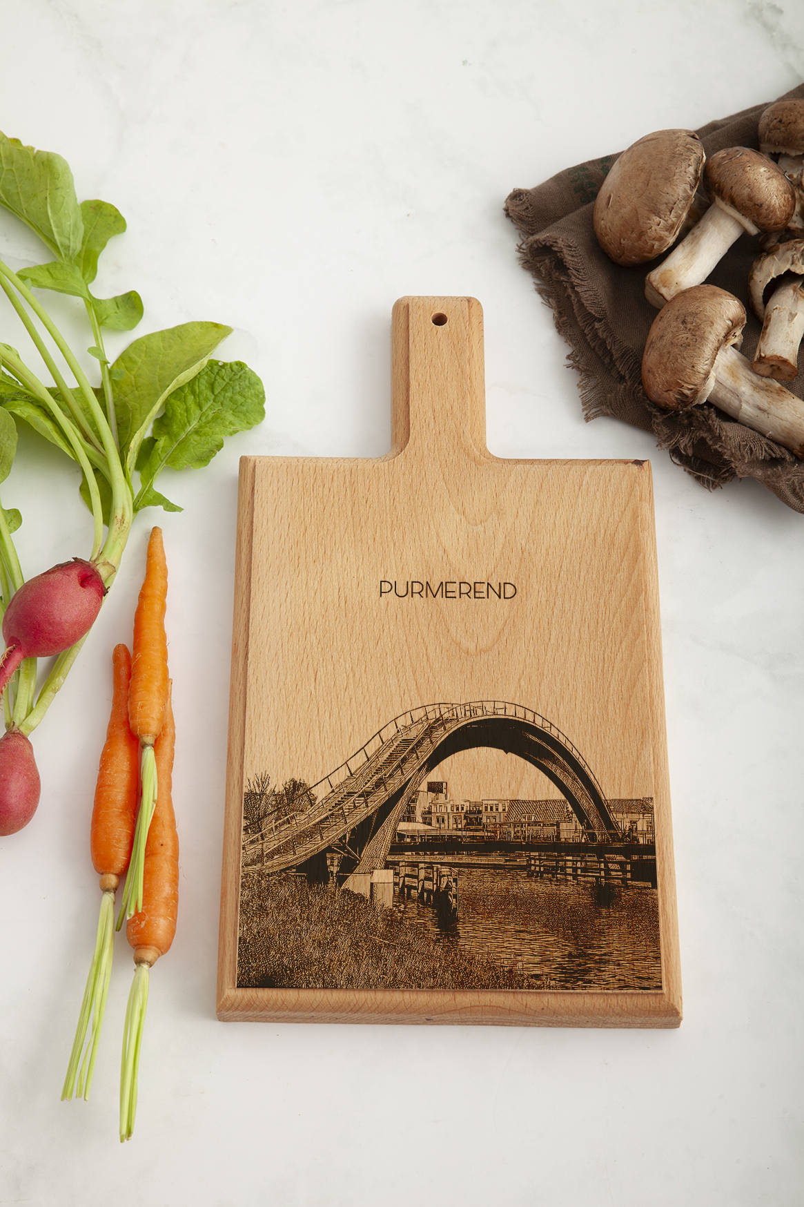 Purmerend Melkwegbrug – Handgemaakte Beukenhouten Serveer- & Kaasplank (28 × 15 cm)